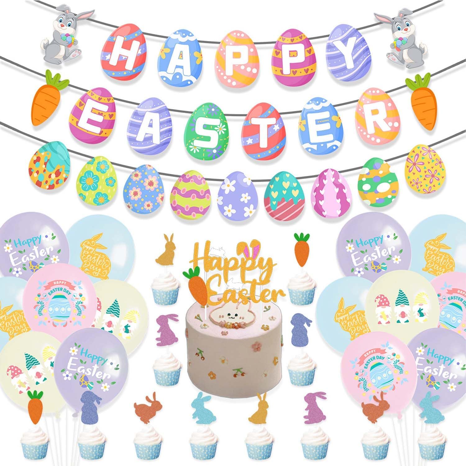 50 Pcs Easter Decorations Indoor Easter Décor, Easter Balloons, Happy Easter Banner, Egg Bunny Cup cake Topper for Home Office School Classroom Easter‘s Day Themed Party Decorations