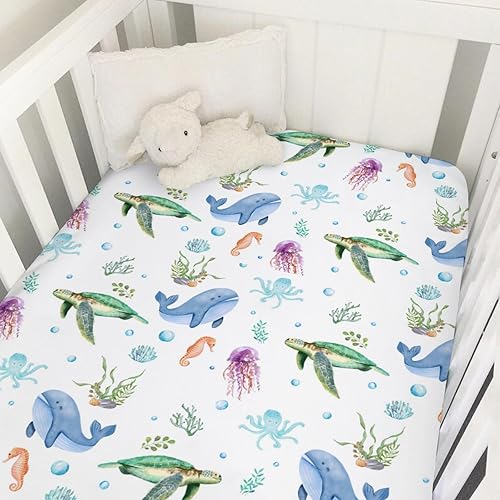 Lindas sábanas para cuna de bebé, 52 x 28 pulgadas, tortuga oceánica, medusa, caballo marino, malas hierbas, funda de colchón para cuna de niño y