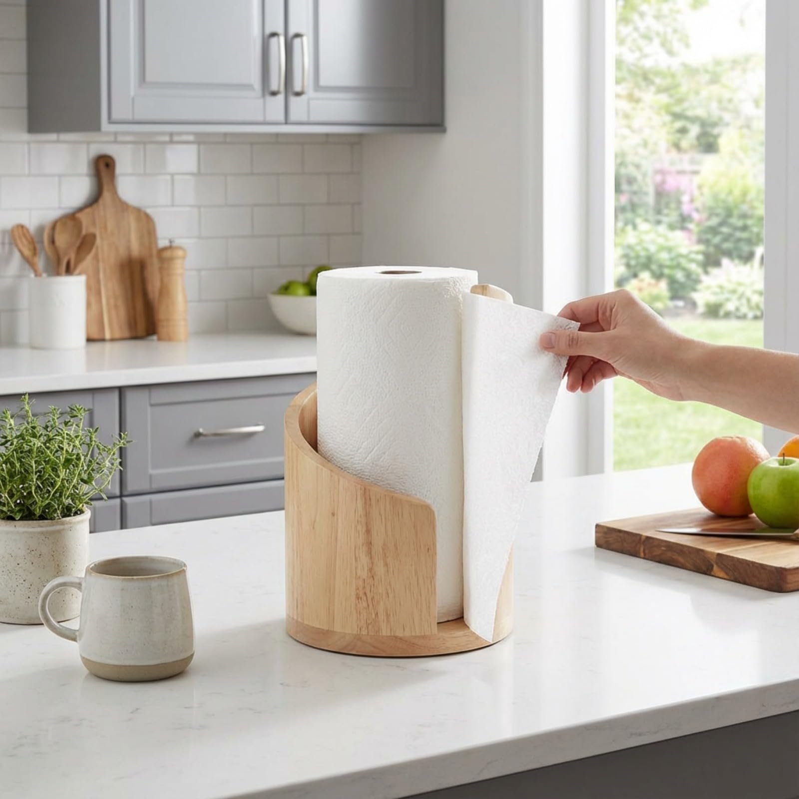 Portarrollos Cocina Madera Pino y Metal - Soporte Papel Cocina Vertical Diseño Espiral para Rollos Grandes - Dispensador Estable para Encimera y Mesa, Uso con Una Mano(Blanquecino)