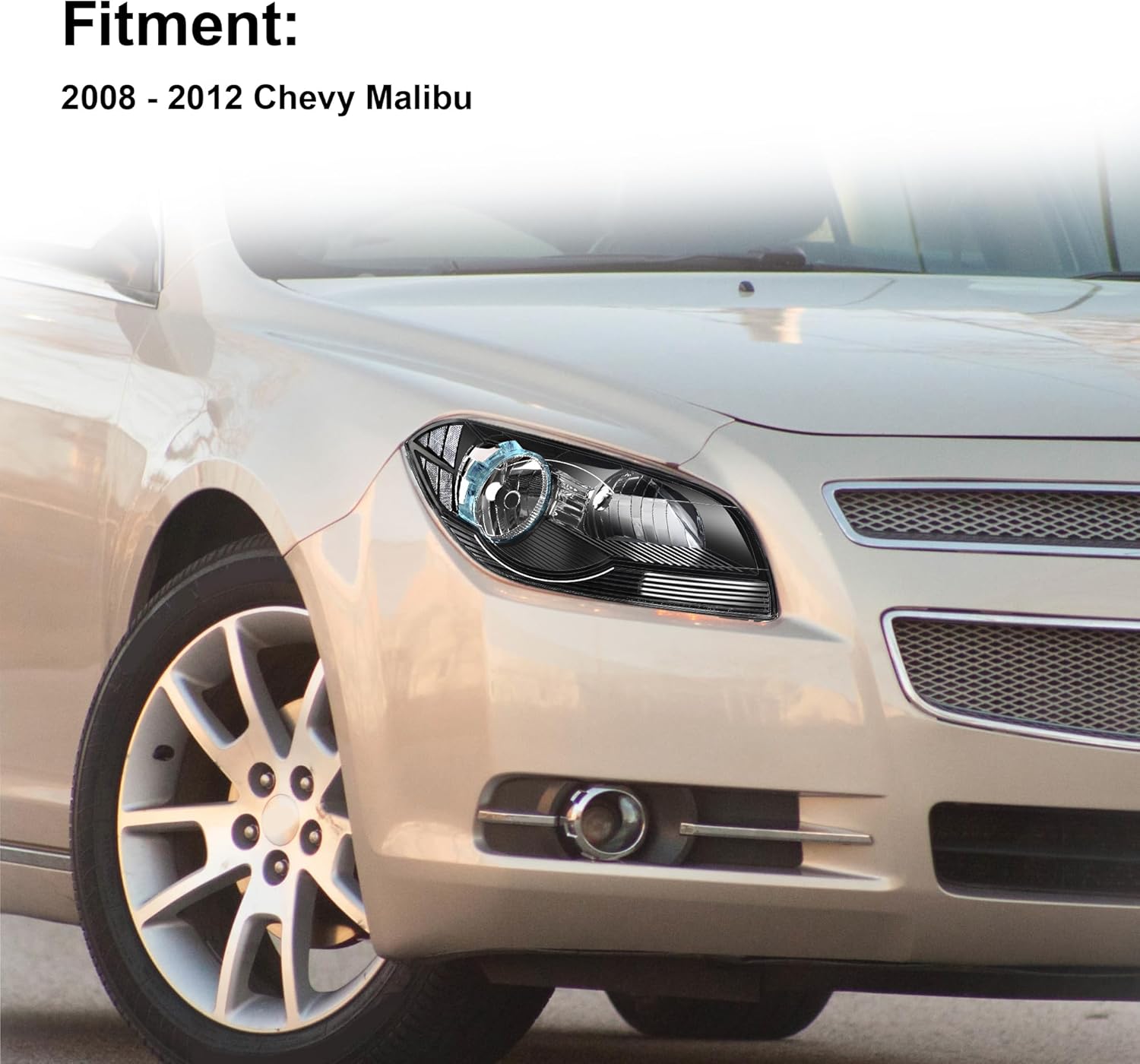 Headlights Assembly Fit For 08-12 Chevy Malibu 2008 2009 2010 2011 2012 Chevy Malibu 08 09 10 11 12 Chevy Malibu Headlamp Replacement Left Side And Right Side(Black Housing Clear Relfector)