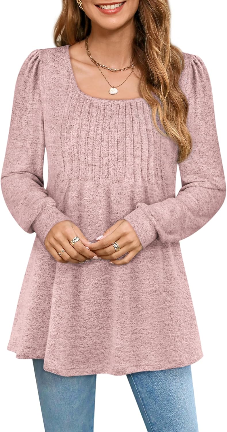 Zwurew Women's Puff Long Sleeve Shirts 2024 Trendy Scoop Neck Loose Fit Blouses Pleated Flowy Tunic Tops S-2XL - Image 4