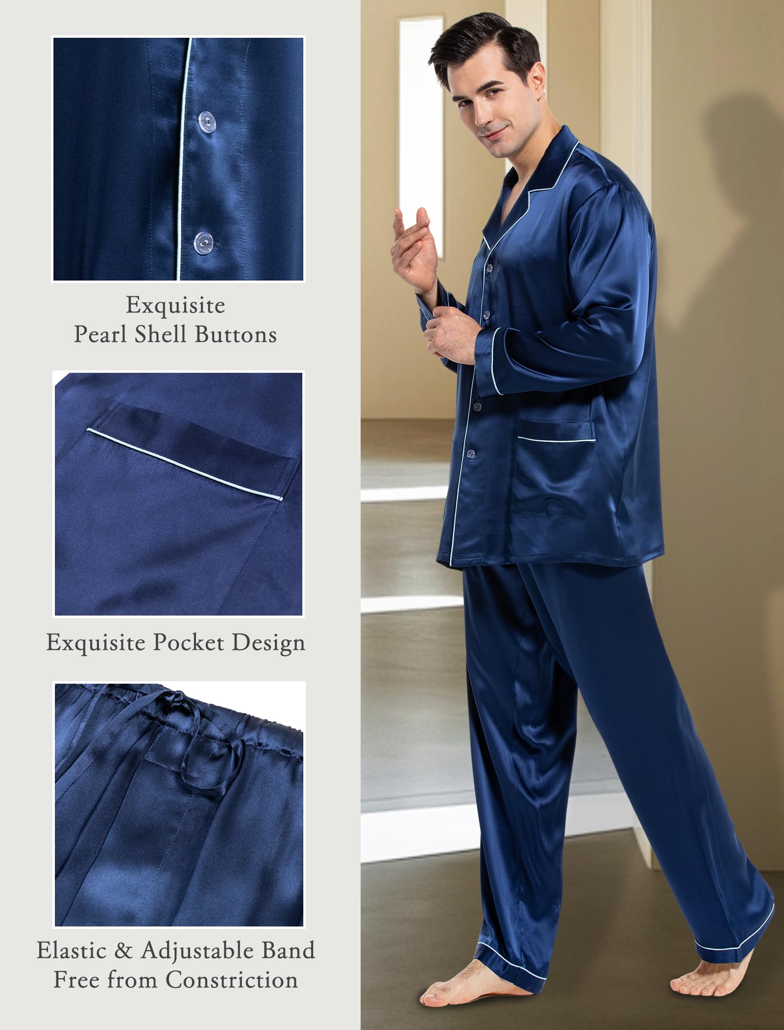 Cold POSH Men's Silk Pajamas Set Long Sleeve 2PC Luxury Silk Sleepwear Button-Down PJ Set