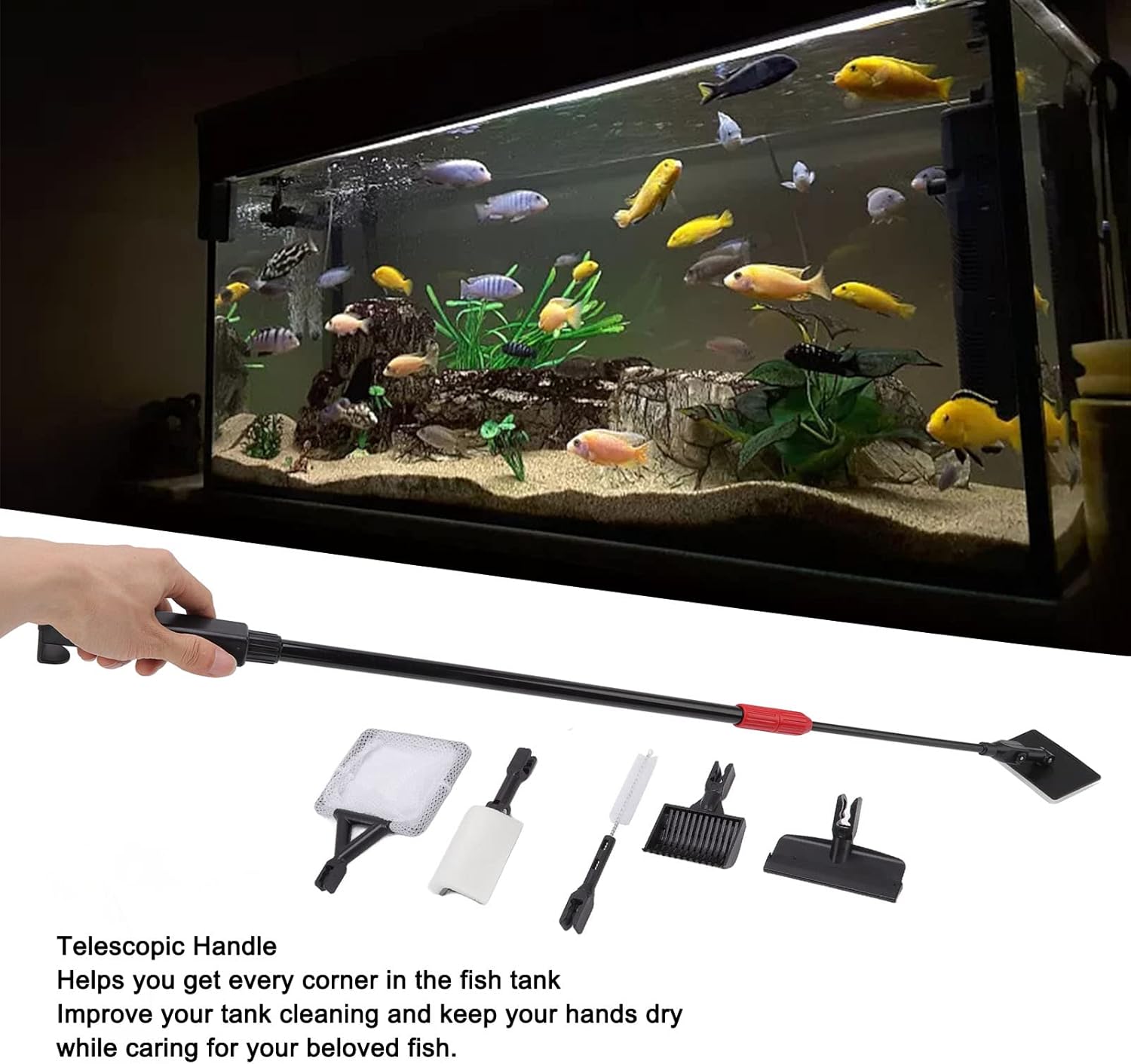 6 in 1 Fish Tank Cleaning Tools with Telescopic Handle, ABS Material, Multifunctional Kit - Easy Setup, Durable Design, Ideal for Aquarium Maintenance