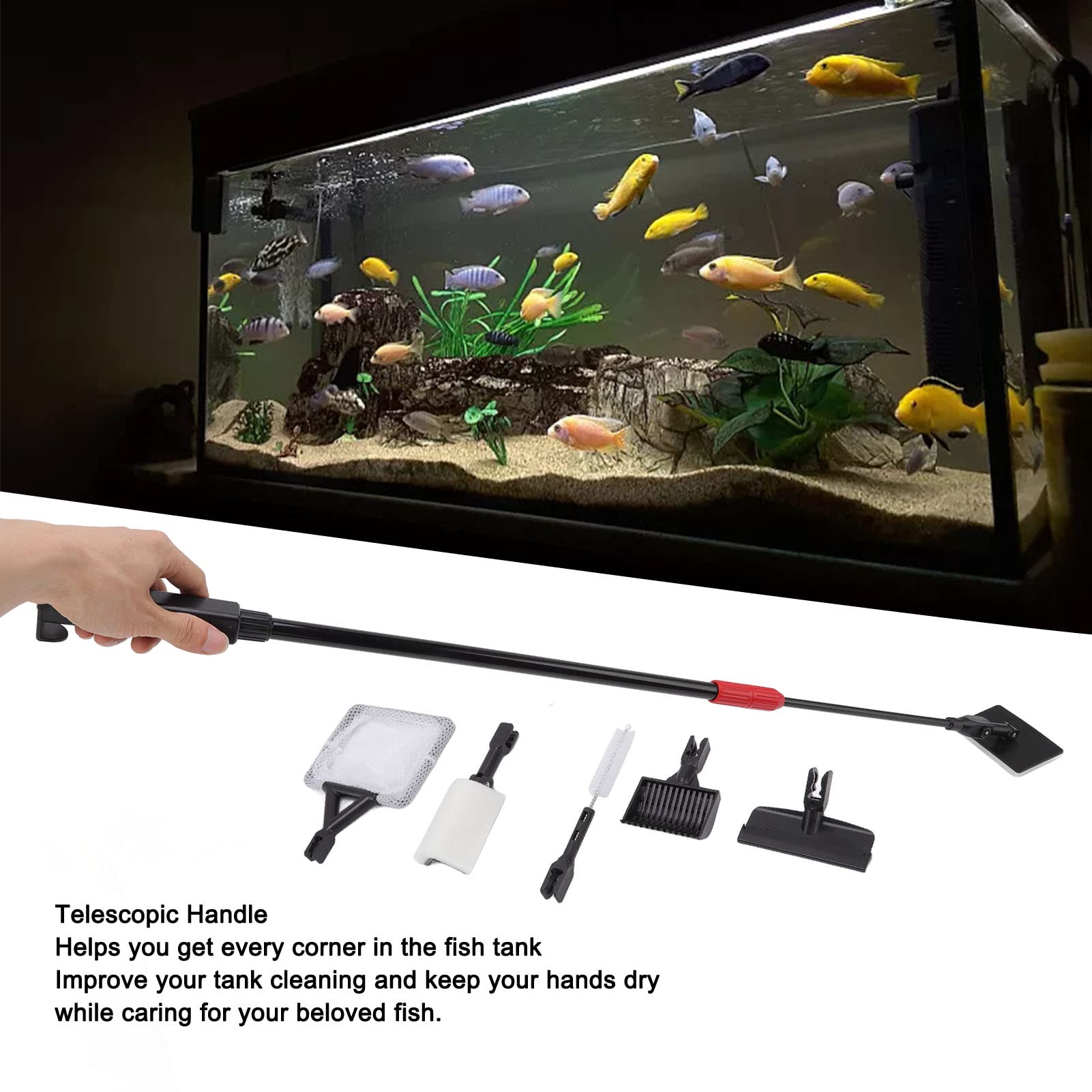 Kit de Limpieza de Acuarios 6 en 1 con Telescópico, Que Incluye Raspador, Rastrillo, Cepillo, Red para Peces y Esponja.