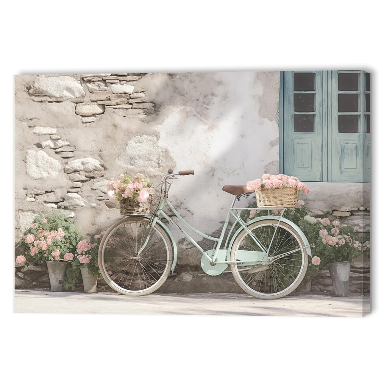 QIXIANG Farmhouse Bicycle Picture Wall Decor Teal Bike with Flowers Canvas Paintings Art for Farm Home Wall Decor Framed (Bicycle A, 12.00" x 18.00")