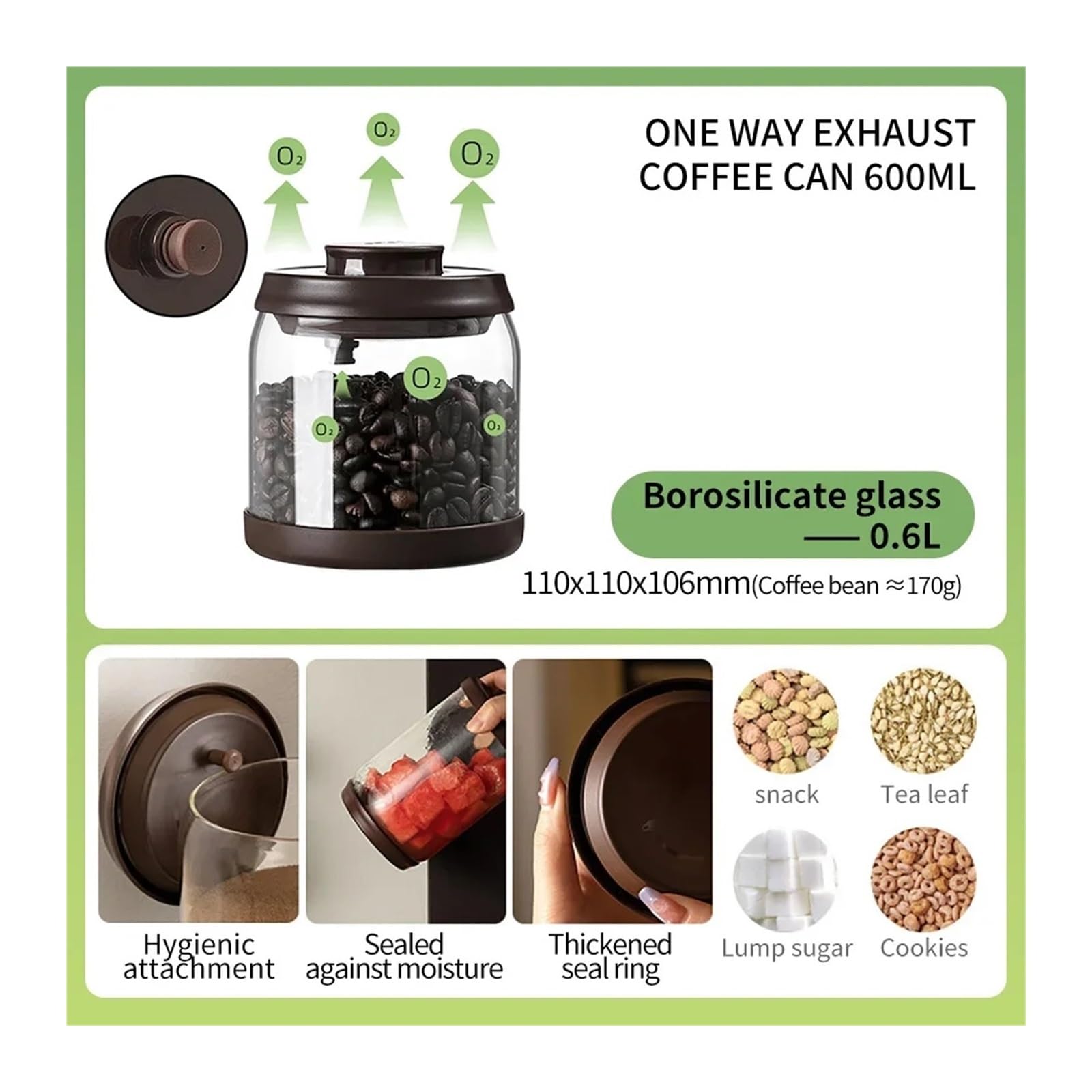 Kompatibel mit Kaffeebohnen, vakuumversiegelter Tank, transparentes Glas, Vorratsgläser for Lebensmittel, feuchtigkeitsbeständiger Luftabsaugung, luftdichter Behälter(600ml)