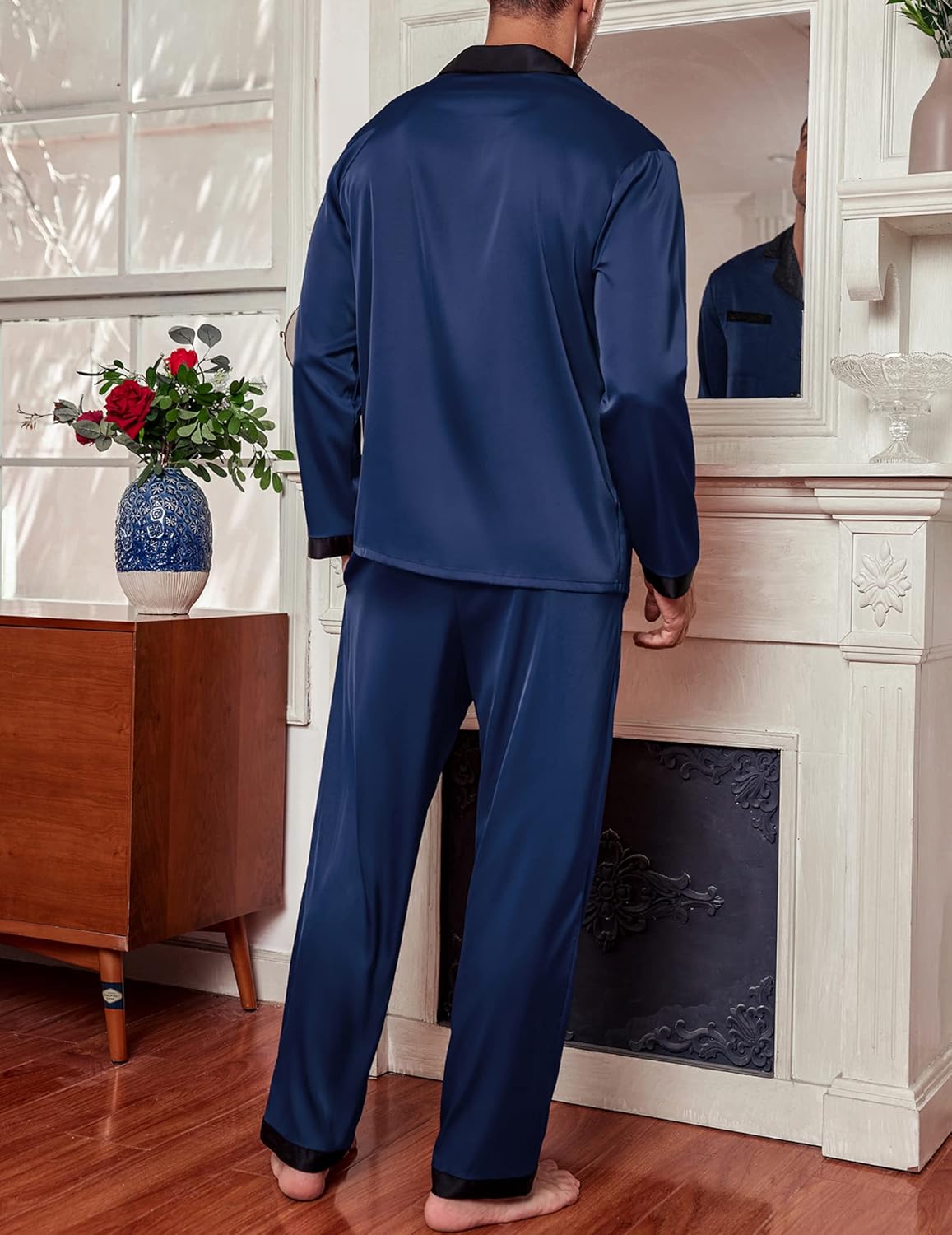 Ekouaer Men's Silk Pajama Set Long Satin Loungewear 2 Piece Pjs Classic Button Down Sleepwear S-XXL - Image 3