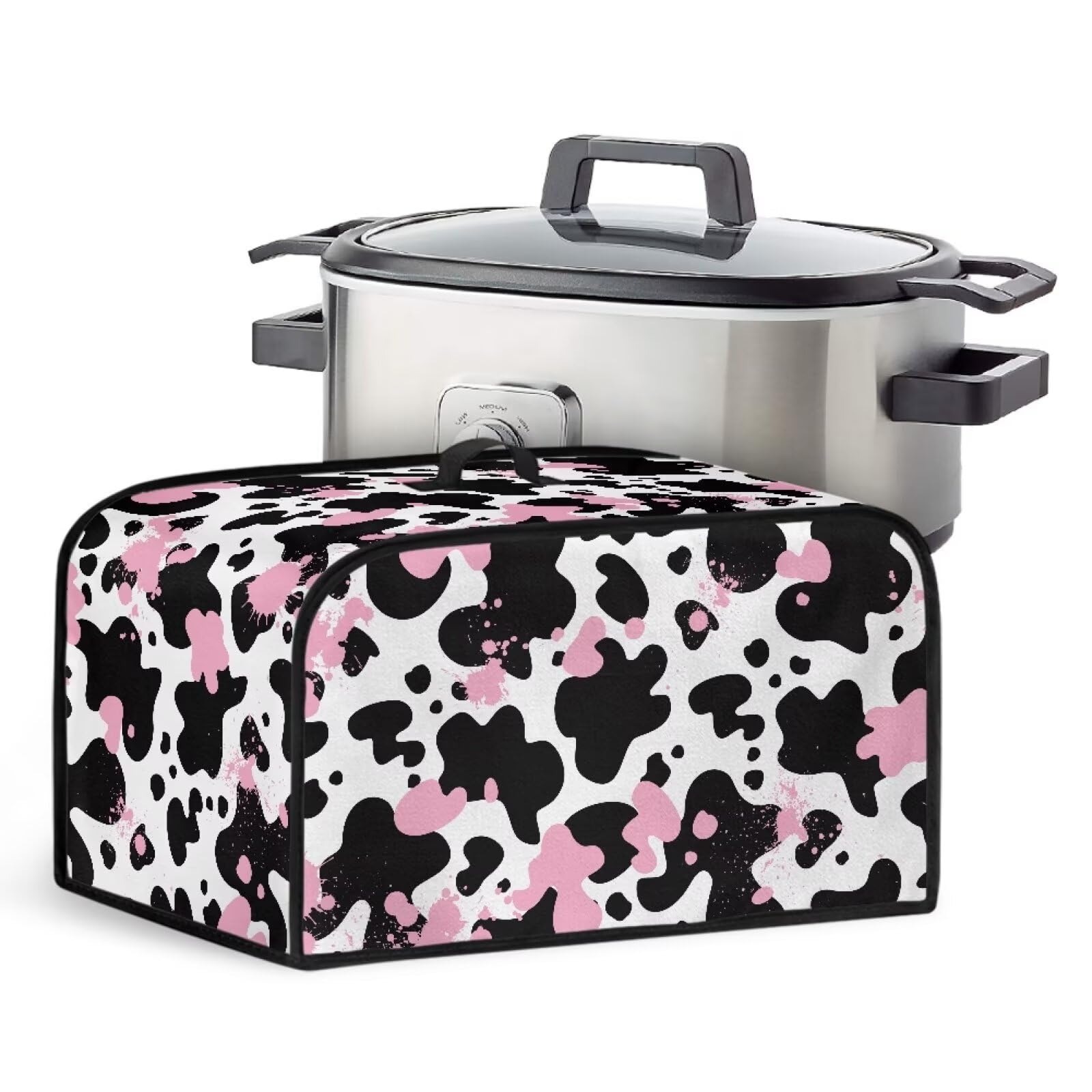 TODIYADDU Black Pink Cow Print Slow Cooker Dust Cover with Handle Novelty Air Fryer Cover Insulated Travel Carrier