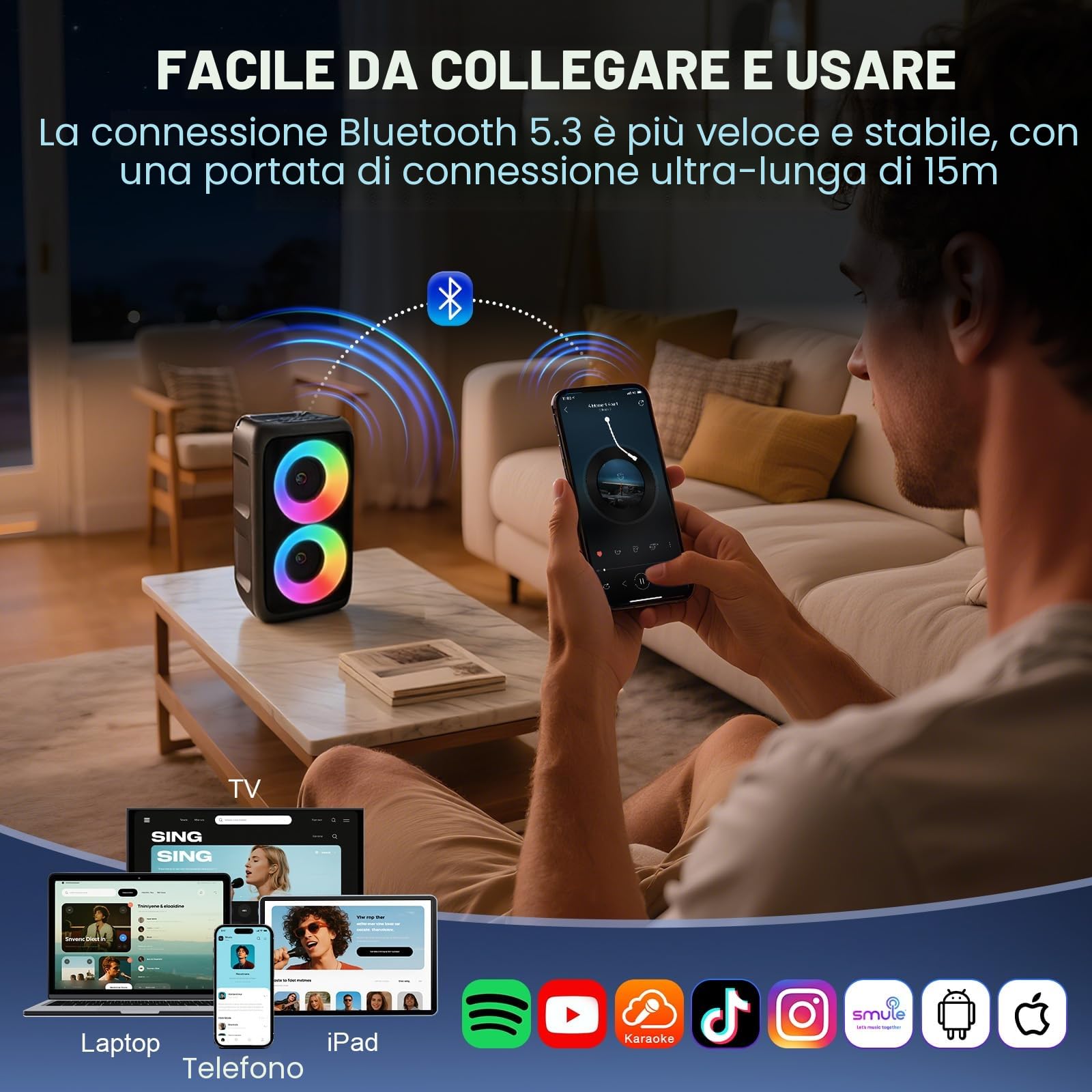 Karaoke, altoparlante Bluetooth portatile, con 2 microfoni wireless, sistema PA per adulti e bambini con luci, professionale