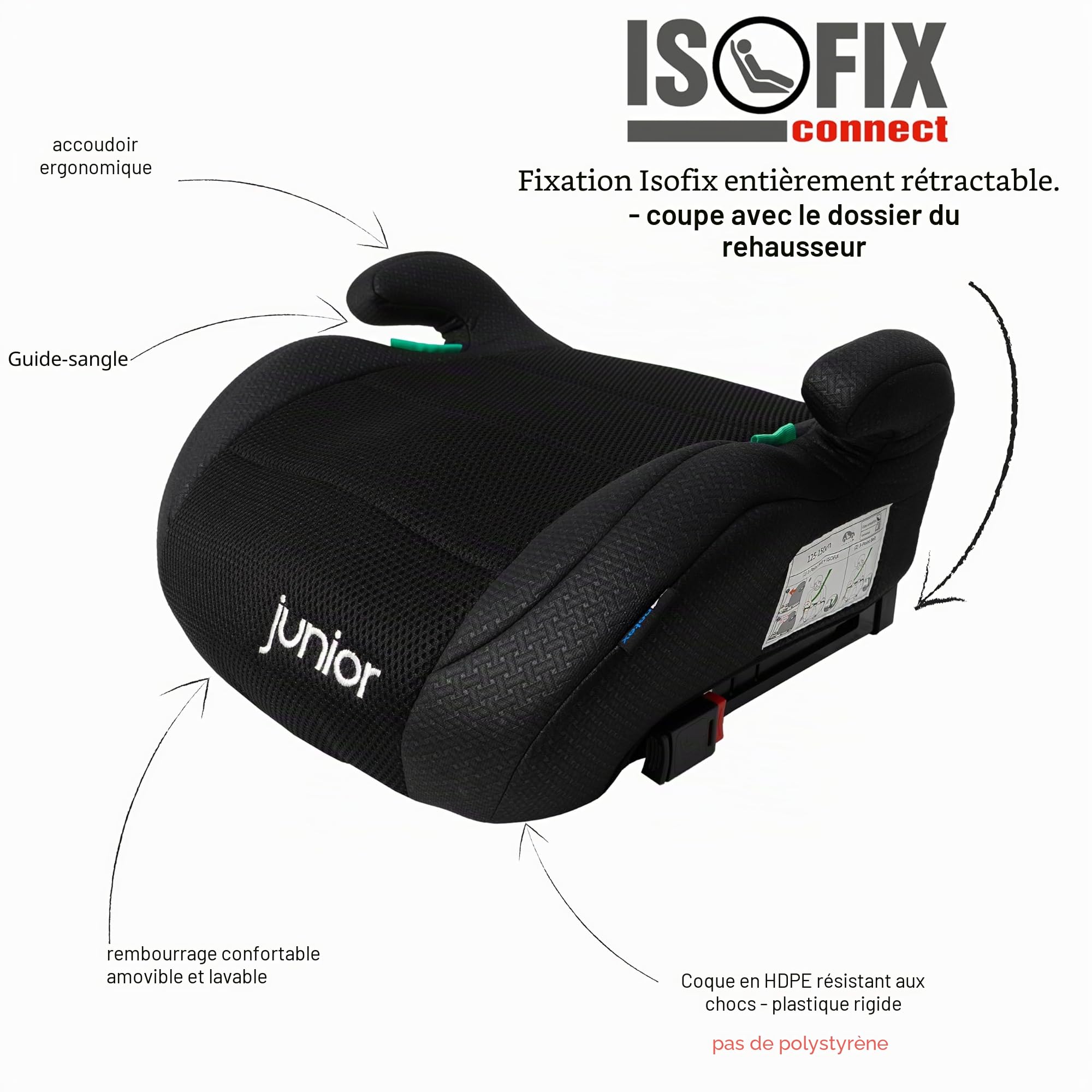PETEX Rehausseur de siège auto Isofix Max Plus, i-Size ECE R129, de 7 à 12 ans, pour une taille de 125 à 150 cm, noir