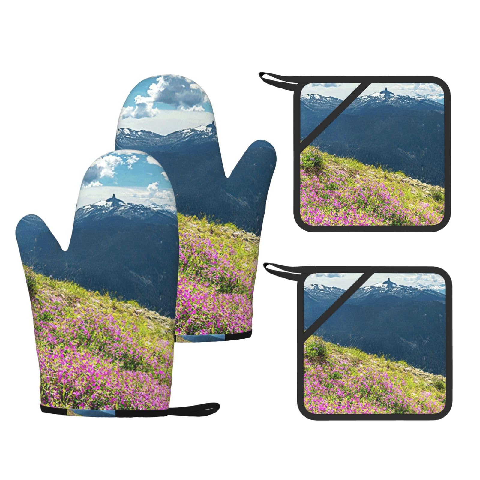Mountains Print Oven Mitts And Pot Holders Pads Set, Oven Glove High Heat Resistant 500 Degree For Kitchen