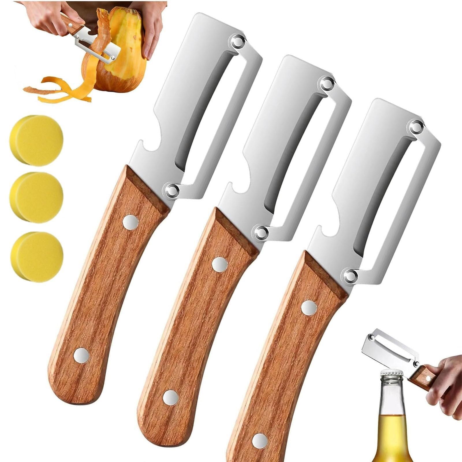 obieraczka do warzyw， Drewniana obieraczka Zero Snag z drewnianą rączką i otwieraczem do butelek(3pcs)