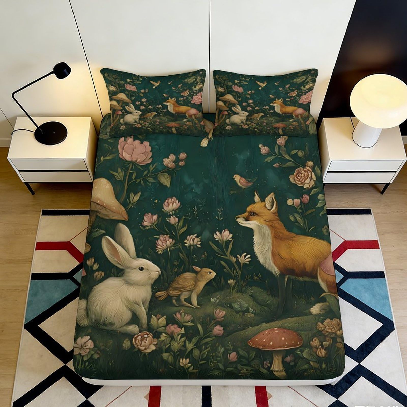 3D Printed Forest Animal Fitted Sheet Microfiber Soft Non-slip Rabbit Fox Bed Cover for Bedroom Guest Room Decor 90x200x25cm