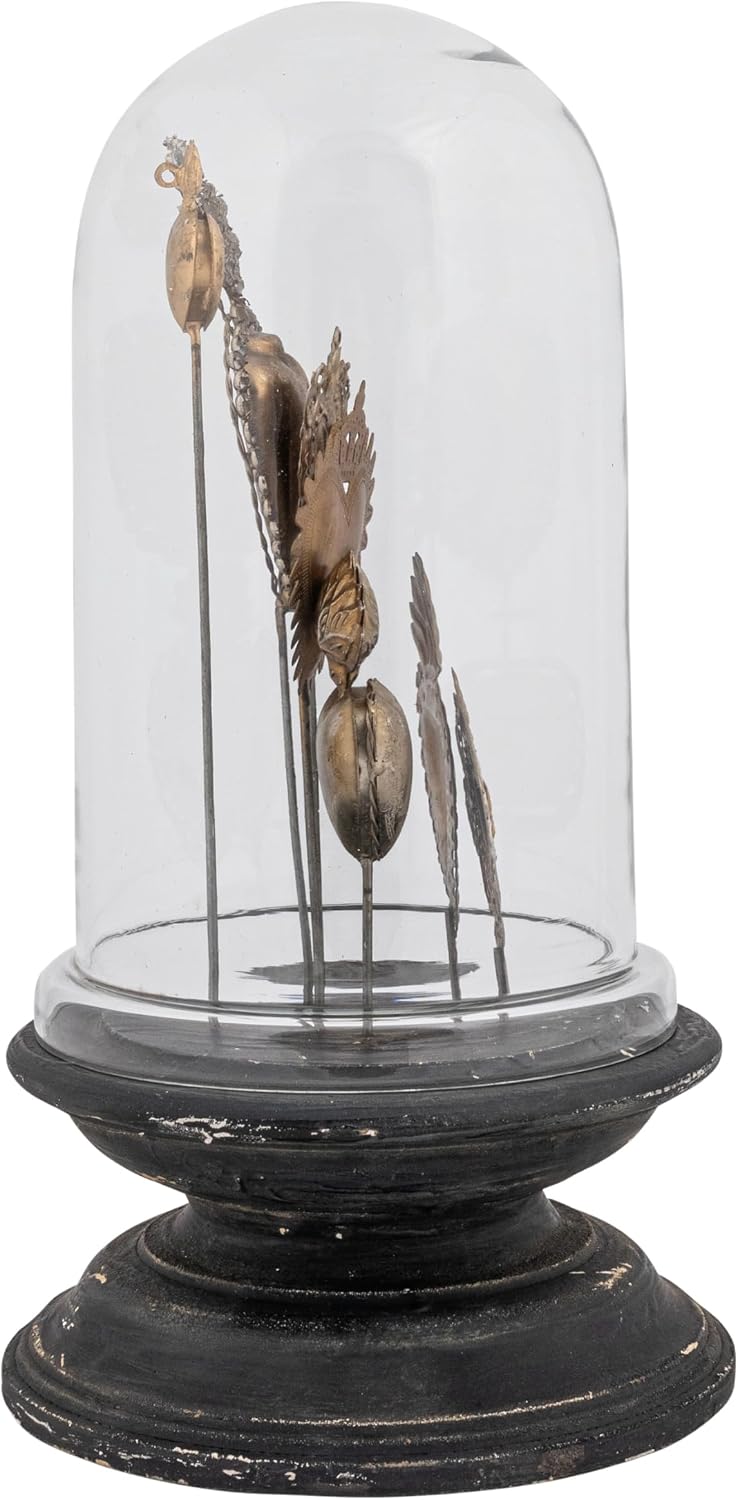 Decorative Tin Sacred Hearts on Wood Pedestal with Glass Cloche