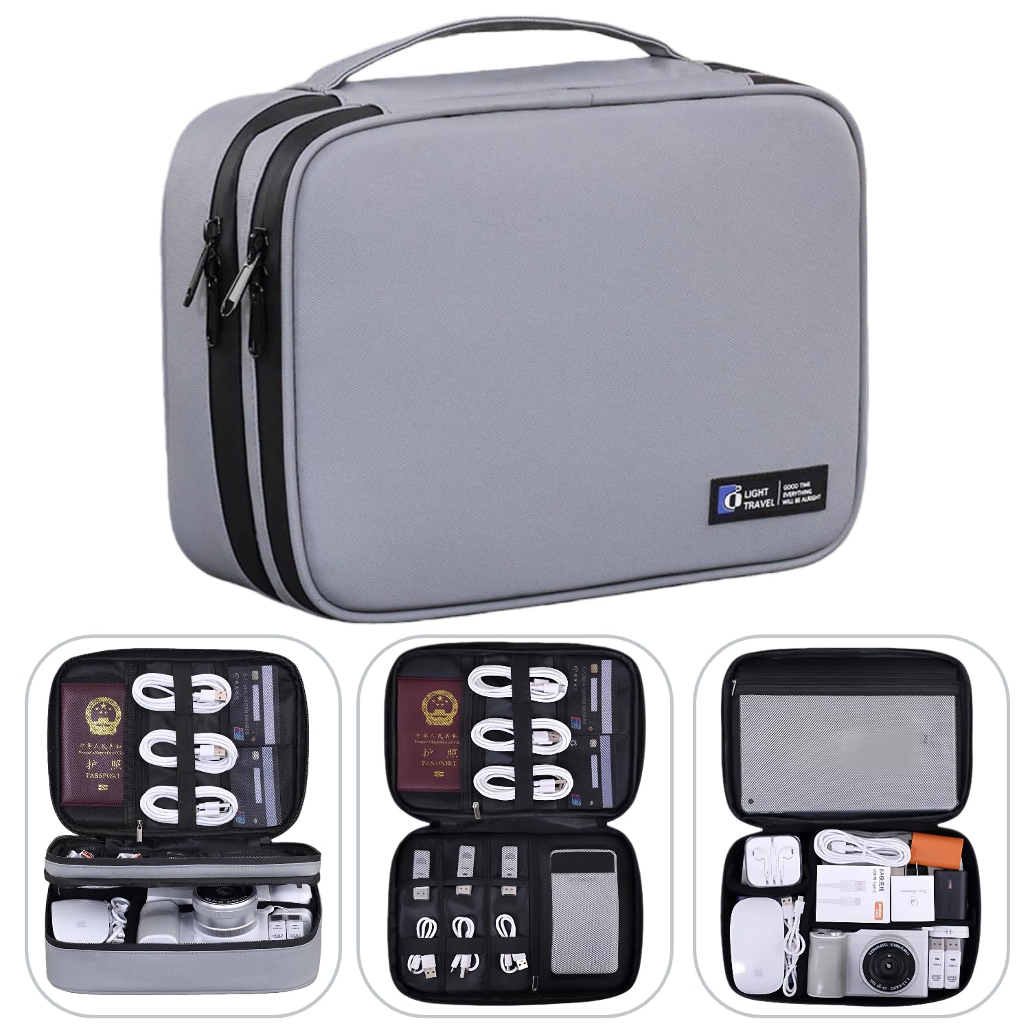 Osmudax Electronics Organizer Travel Case,Cord Organizer Travel, Double-Layer Cable Organizer Bag, Tech Pouch Accessories Carry Storage For Phone, Cables, Airpods, USB, Sd Card, Essentials (Grey)