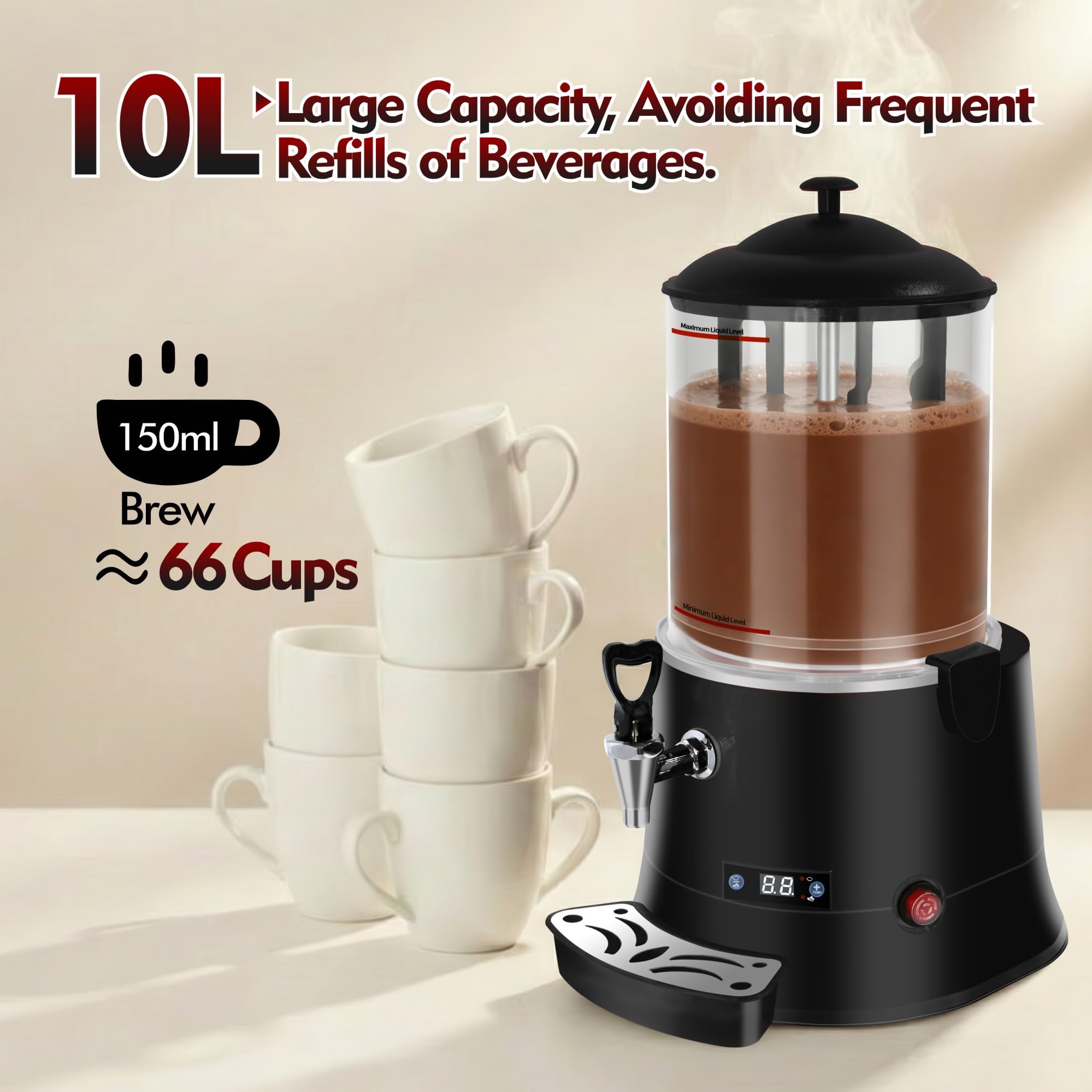 Gewerbliche Kakaodispenser Heiße Schokolade Maschine 10L, mit Intelligenter Temperatursteuerung Heißgetränke-Wärmer, Temperaturbereich 86°F-194°F, zum Erhitzen von Schokolade, Kaffee-Schwarz