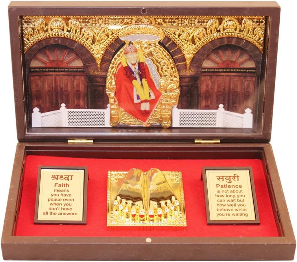 Gold Plated Sai Baba Photo Frame with Charan Paduka Box, Return Gifts for Pooja, Sai Ram Frame for Home Temple