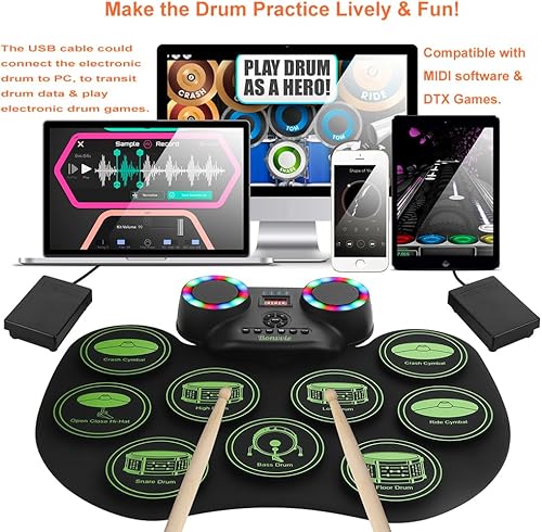 Miniatura 2 de Kit de batería electrónica, batería digital enrollable portátil con 9 almohadillas, MIDI, DTC, altavoces duales integrados, batería recargable