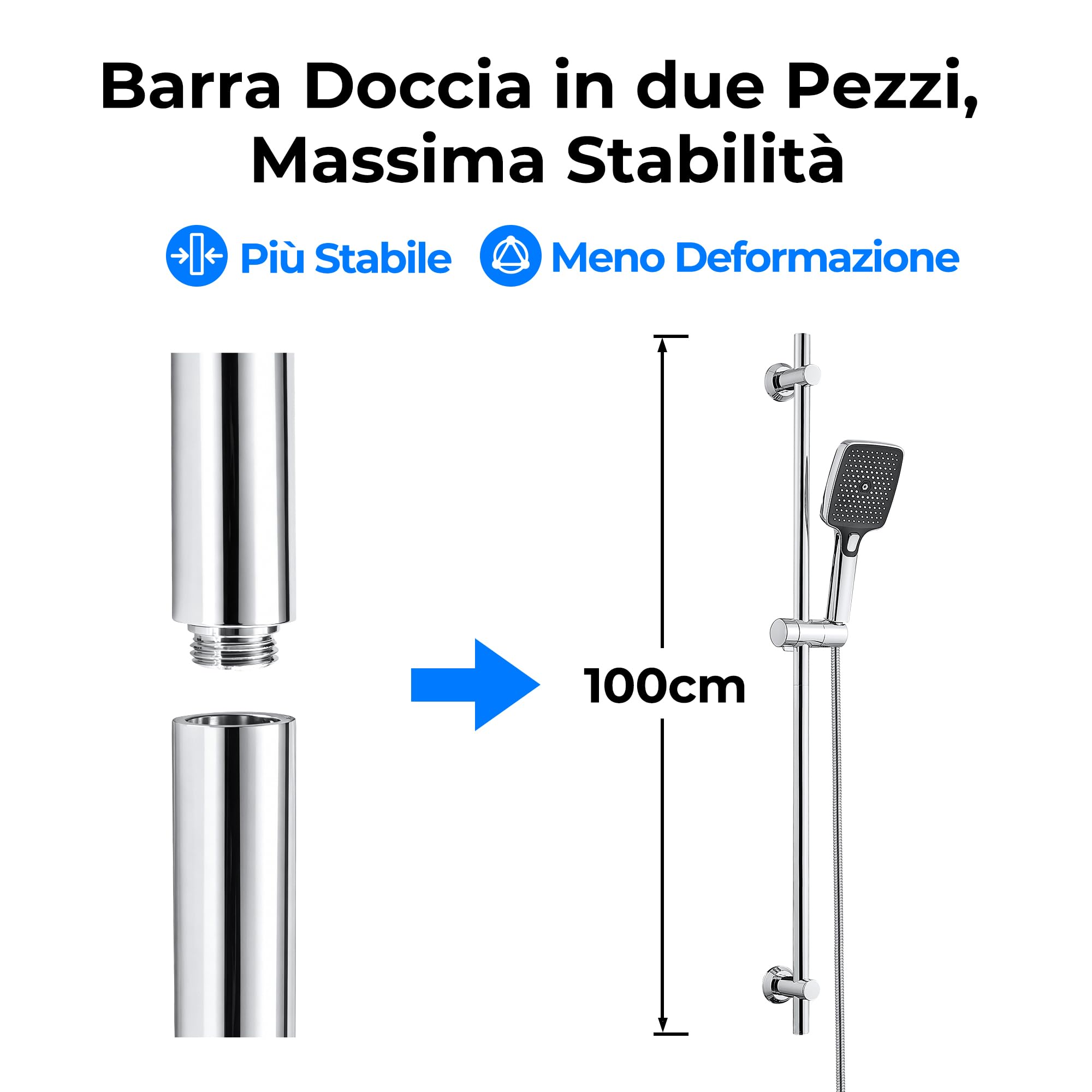 Görbach Asta Doccia in Acciaio Inox con Supporto Soffione Regolabile per Adattarsi ai Fori Esistenti, Adatto per Doccette Standard, Saliscendi Doccia 100 cm con Mensola Cromo