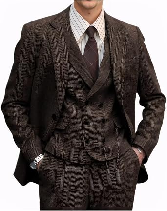 Retro 3 Pieces Men Suit Tweed Herringbone Suits for Men Formal Wool Jacket Dress Suit Vest Pants Wedding Prom Tuxedo