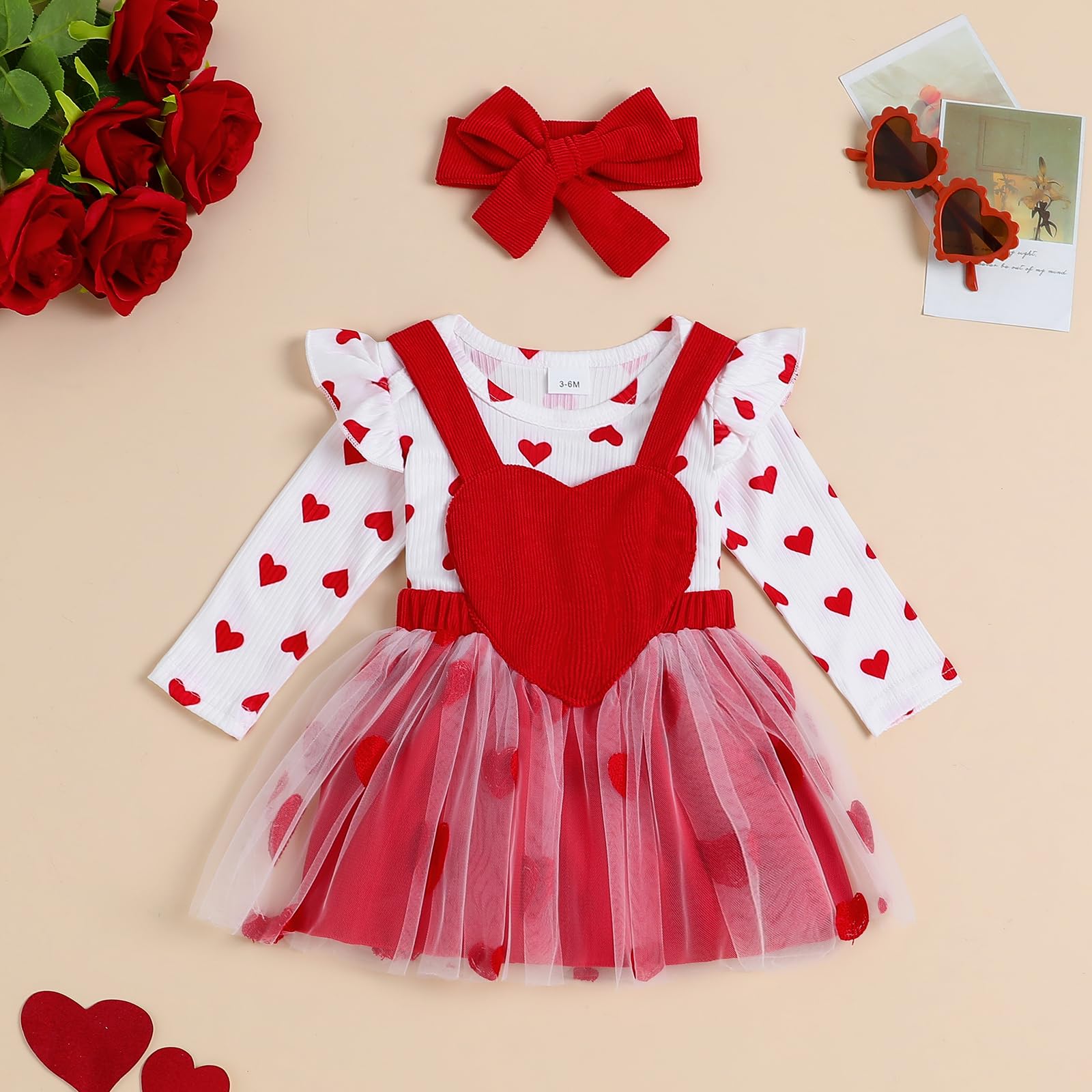 Baby Girl Valentine's Day Outfit Ribbed Long Sleeve Romper Tops + Suspender Skirt + Headband (Red #2, 6-9 Months)