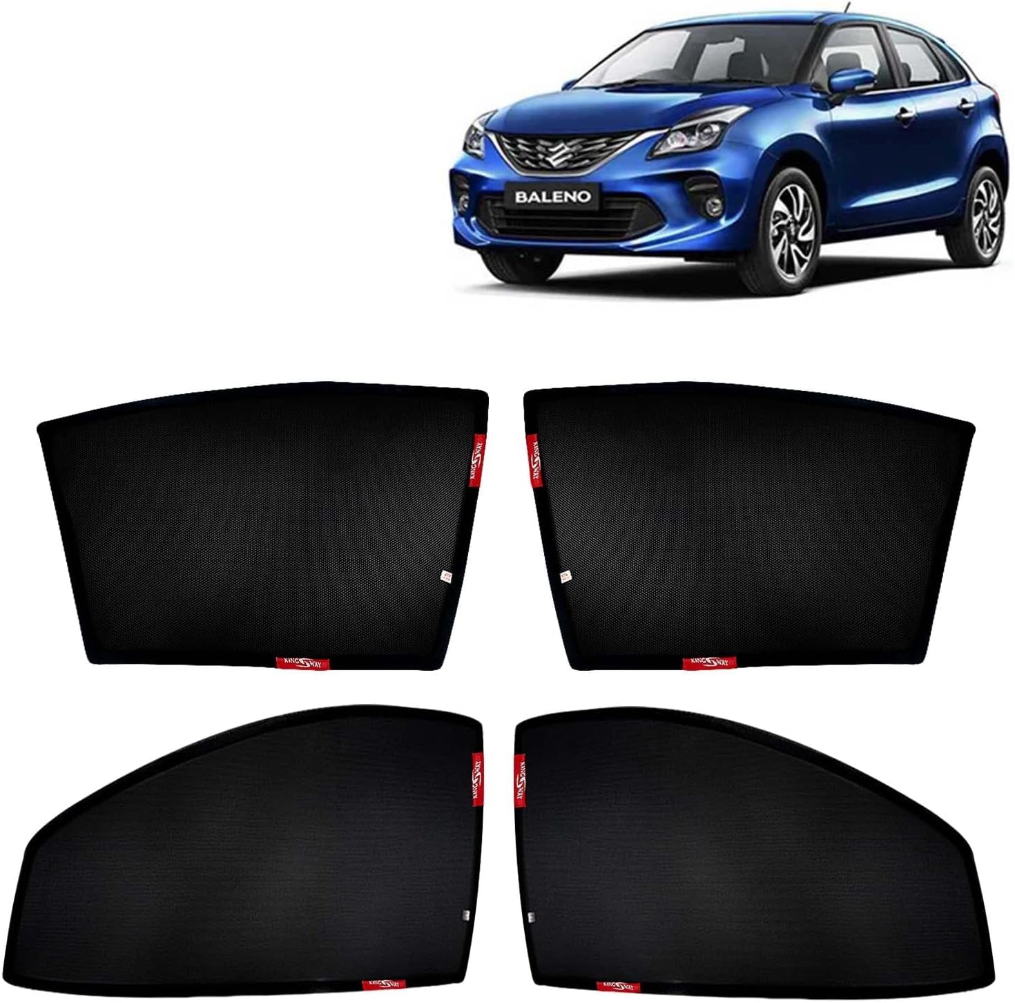 - KINGSWAY Accessories Car Sun Shade Z-Black Non Magnetic Fix Type Curtains Only Compatible with Maruti Suzuki Baleno Year 2019 to 2022 All Model, Only Half Cut in Front Window, Pack of 4 Pcs
