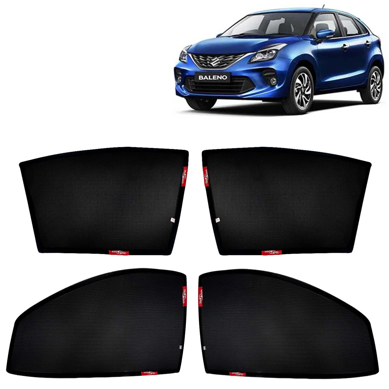 KINGSWAY Accessories Car Sun Shade Z-Black Non Magnetic Fix Type Curtains Only Compatible with Maruti Suzuki Baleno Year 2019 to 2022 All Model, Only Half Cut in Front Window, Car Curtains, Pack of 4