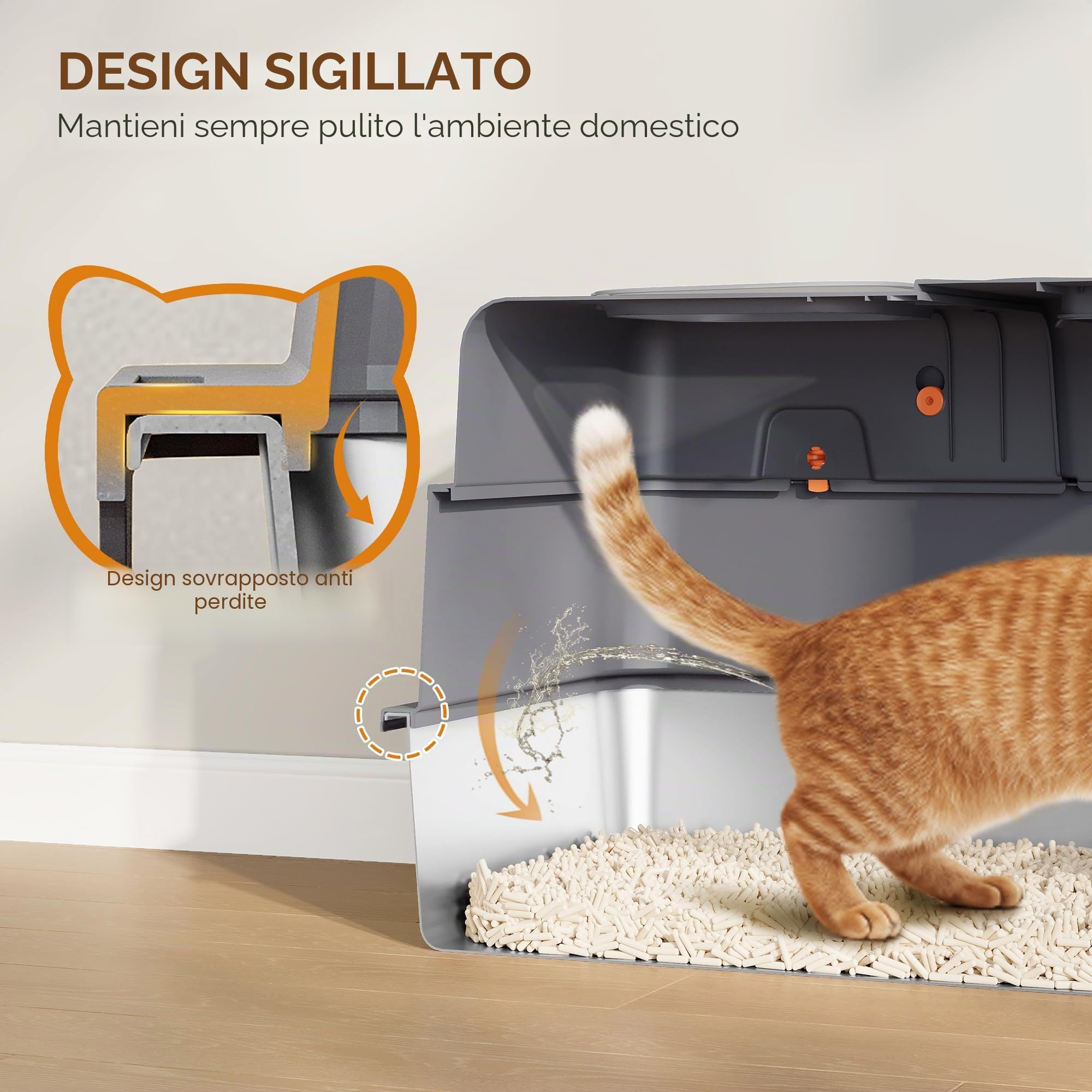 Lettiera Acciaio Inossidabile con Coperchio, XXXL Lettiera Gatto Chiusa, 70 x 50 x 42 cm, 105° coperchio incernierato, Include Pedale e Paletta, Design Modulare, Due Porte, Grigio Scuro