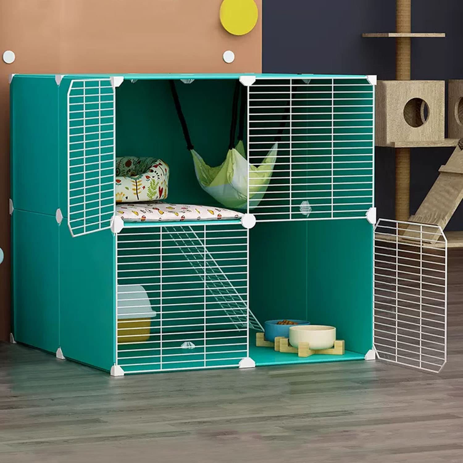 Gabbia per Gatti Piccola, Casse per Gatti da Interno, Box per Gatti Fai da Te, Box per Animali Domestici, Box per Gatti per Animali, Rete crittografata, con Nido per Gatti + Amaca + Lettiera per Gat