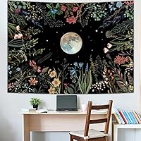 Vista 4 de Amhokhui Tapiz de jardín iluminado por la luna, tapiz bohemio de luna, tapiz floral de flores, tapices de plantas coloridas, tapices negros