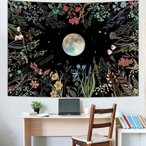 Miniatura 4 de Amhokhui Tapiz de jardín iluminado por la luna, tapiz bohemio de luna, tapiz floral de flores, tapices de plantas coloridas, tapices negros para