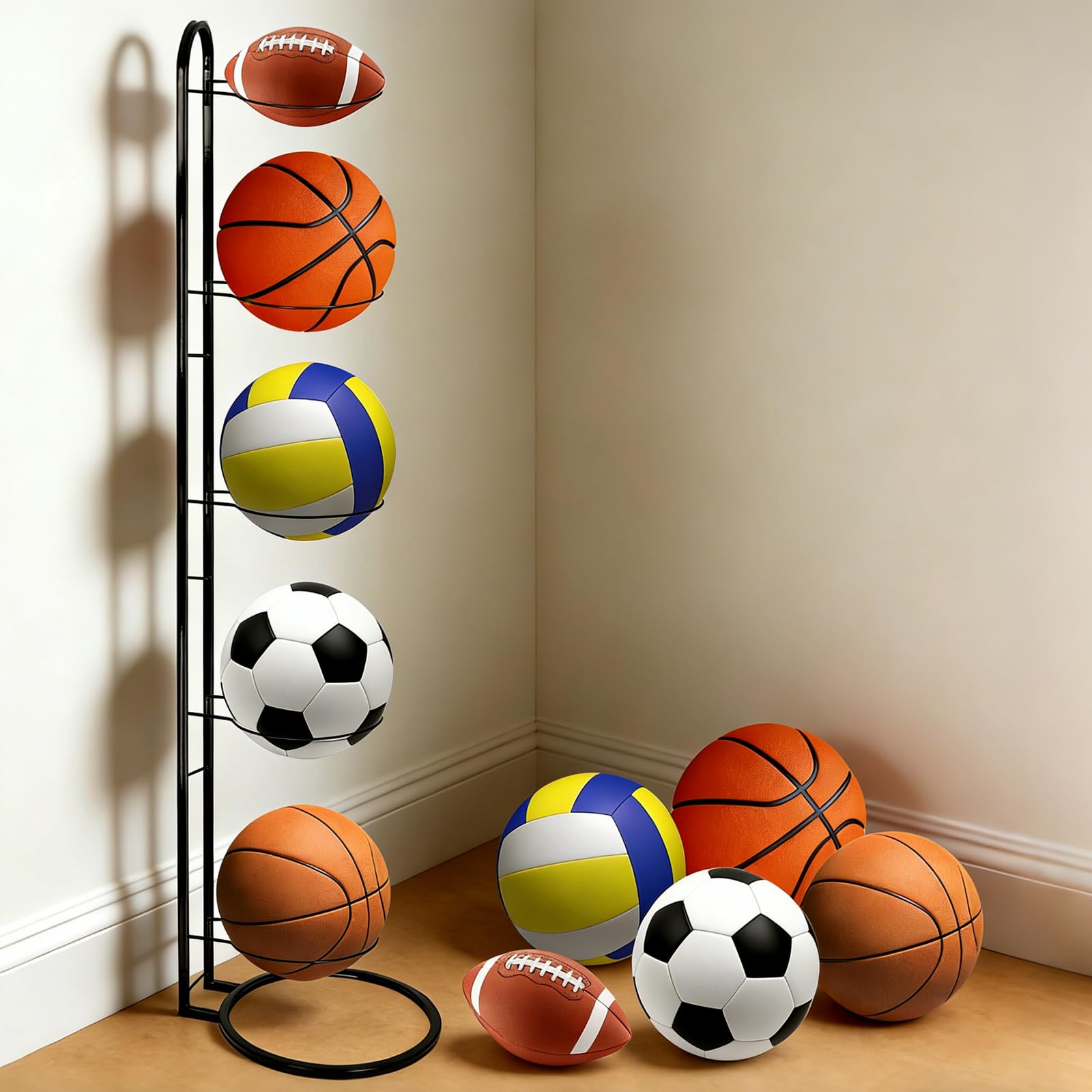 Support de balle en métal noir à 5 niveaux, support de balle debout, rangement de balles, cadre amovible, étagère de rangement pour ballons, convient pour les ballons de football, volley-ball