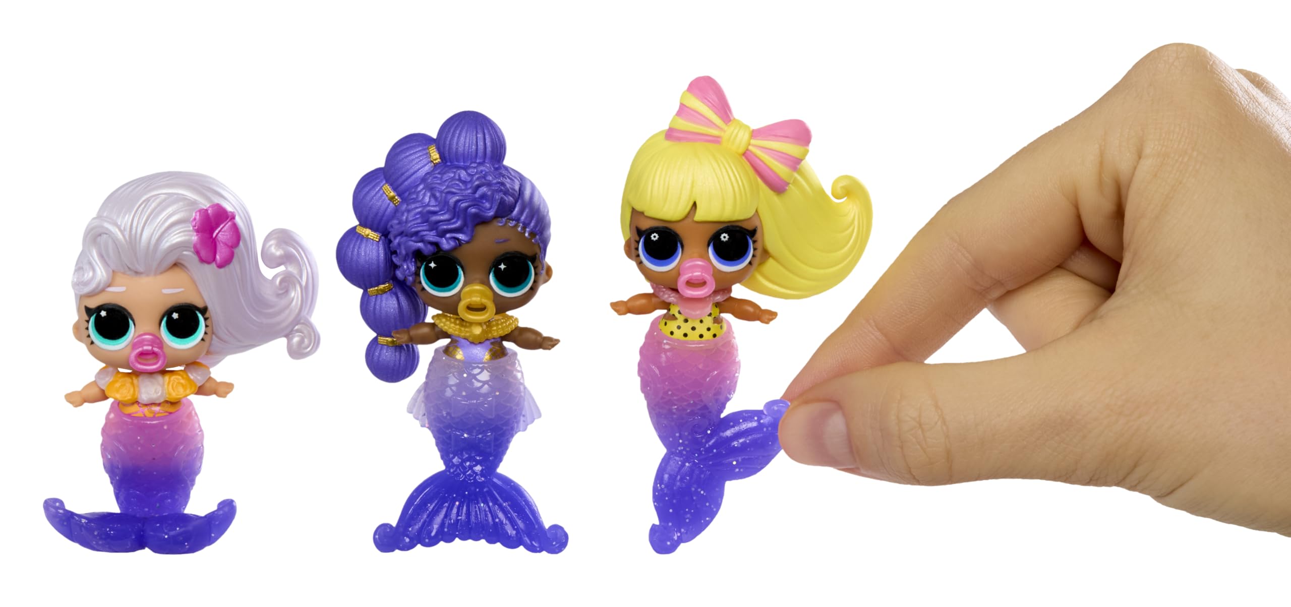 L.O.L. Surprise! Mermaids Makeover Magic Baby Sisters - Coda di sirena che cambia colore con sfera da esposizione a forma di conchiglia, 6 bambole da collezionare - Età 4+