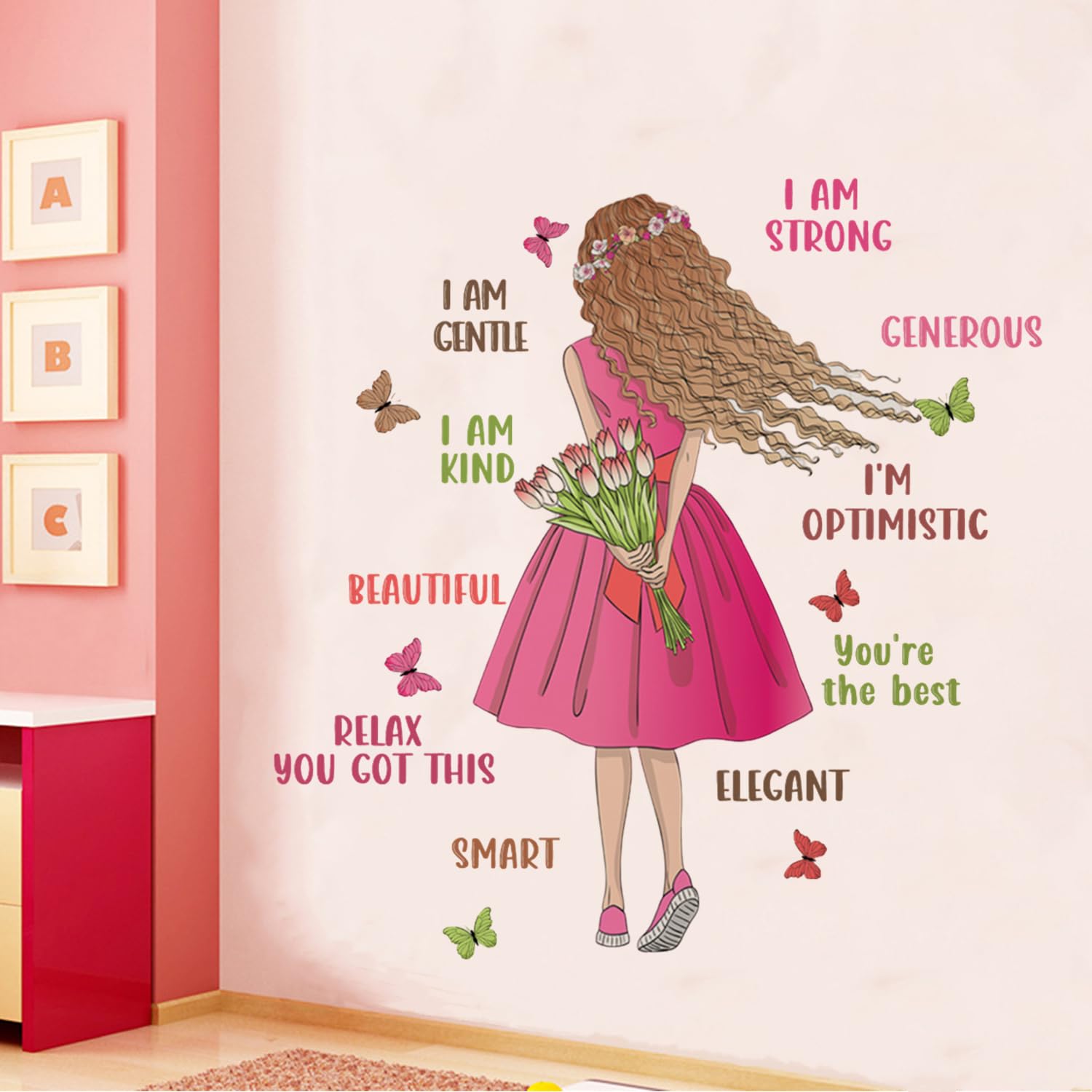 Inspirational Girl Wall Stickers for Girls Bedroom Positive Affirmation Wall Decals with Pink Girl & Butterflies - Image 4