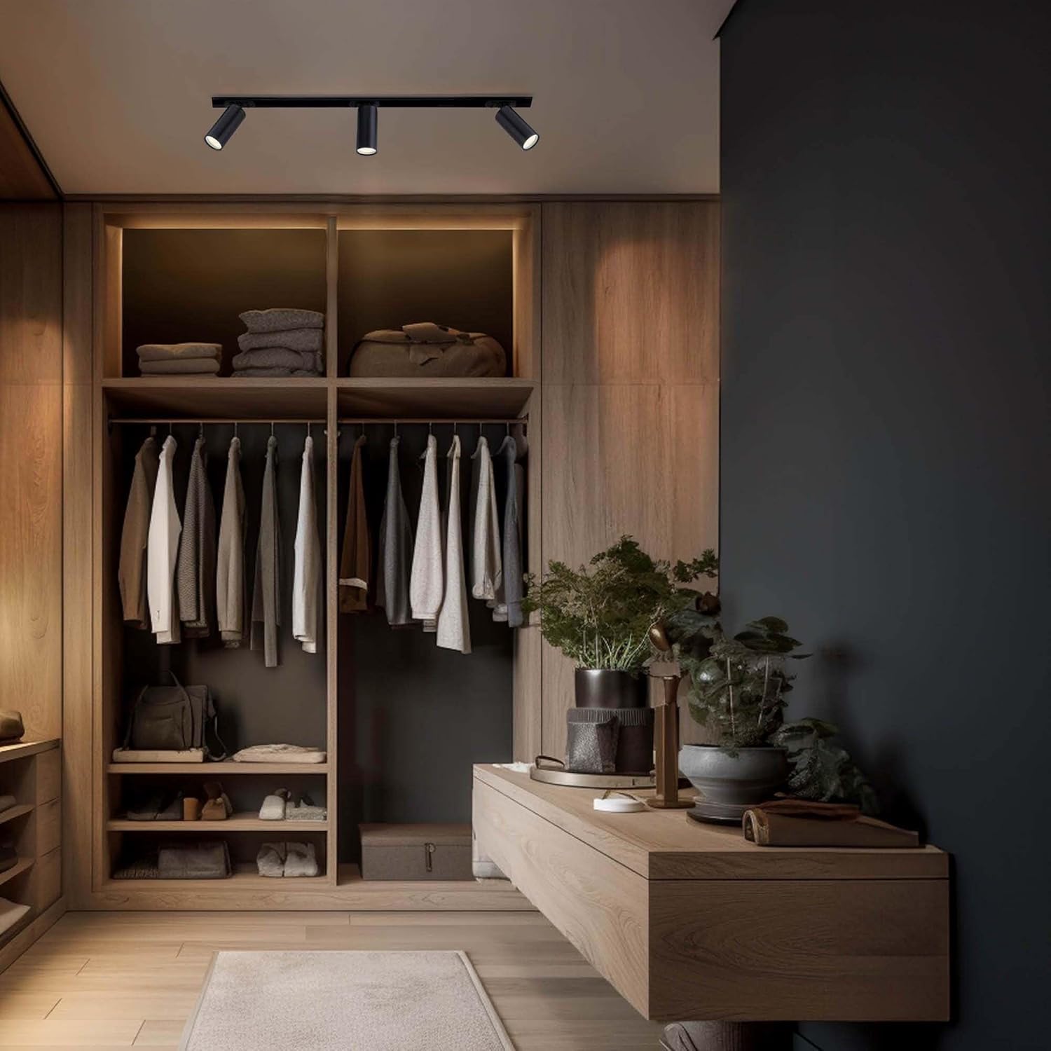 Ledvion 1-meter 1-phase LED track lighting system installed in a modern closet area, illuminating clothing and shelves.