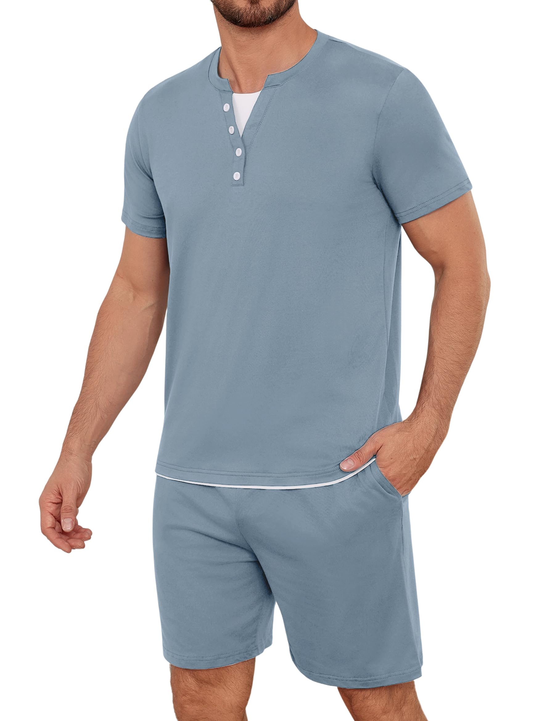 Jahetuul Schlafanzug Herren kurz Karomuster Schlafhose Männer Pyjama Sommer Henleykragen Schlafanzüge für Herren Pyjamashort Nachtwäsche Zweiteiler