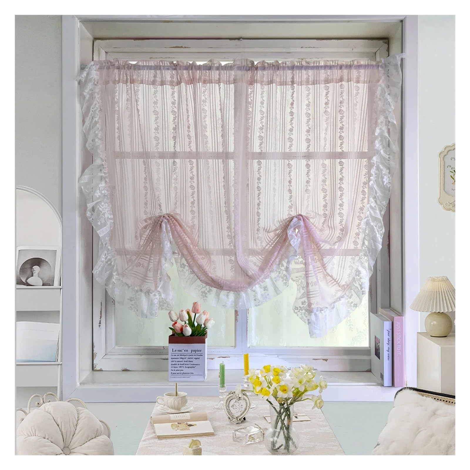 DFGRGRV Ruffle Curtains Romantic Ruffles Lace Barry Curtains Pastoral Floral Sheer for Cafe, Girls Room, Bedroom Decoration(W150xH160CM-1PC)