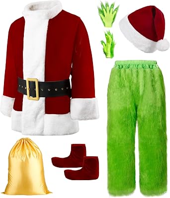 Christmas Green Costume for Men 8 Pcs Furry Adult Santa Claus Costume