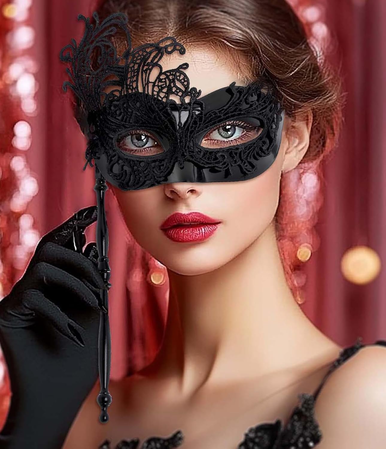 Black Masquerade Mask with Stick, Lace Handheld Antifaz, Cosplay Fashion Shows Accessories for Women - Image 2