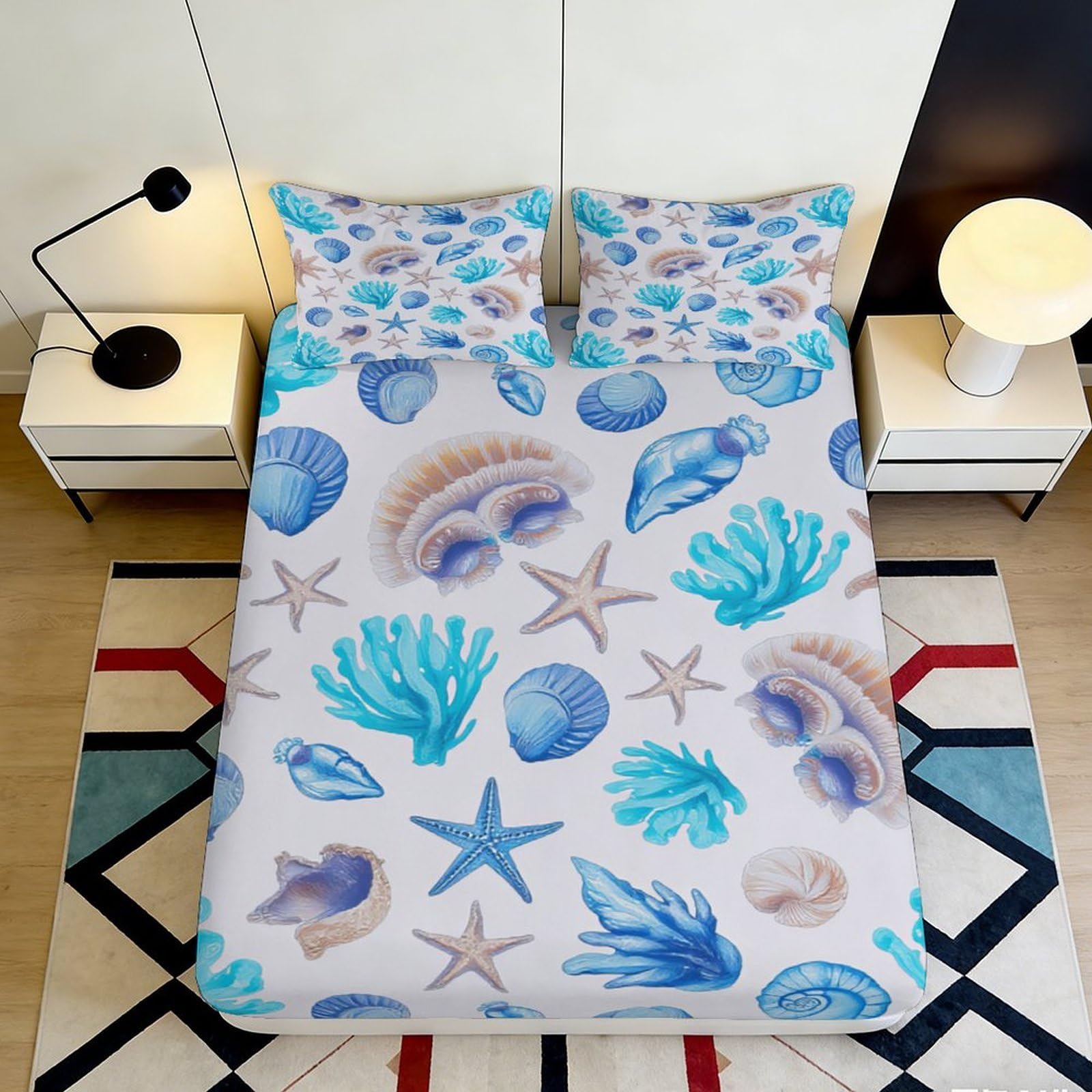 3D Printed Ocean Shell Fitted Sheet Microfiber Soft Blue Starfish Bed Cover for Bedroom Dorm Mattress Protection Decor 90x200x25cm