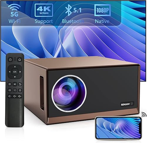 Repabow Proyector con 5GWiFi y Bluetooth proyector portátil de 550 lúmenes ANSI nativo 1080p 4k proyector de película con zoom de 300 pulgadas para