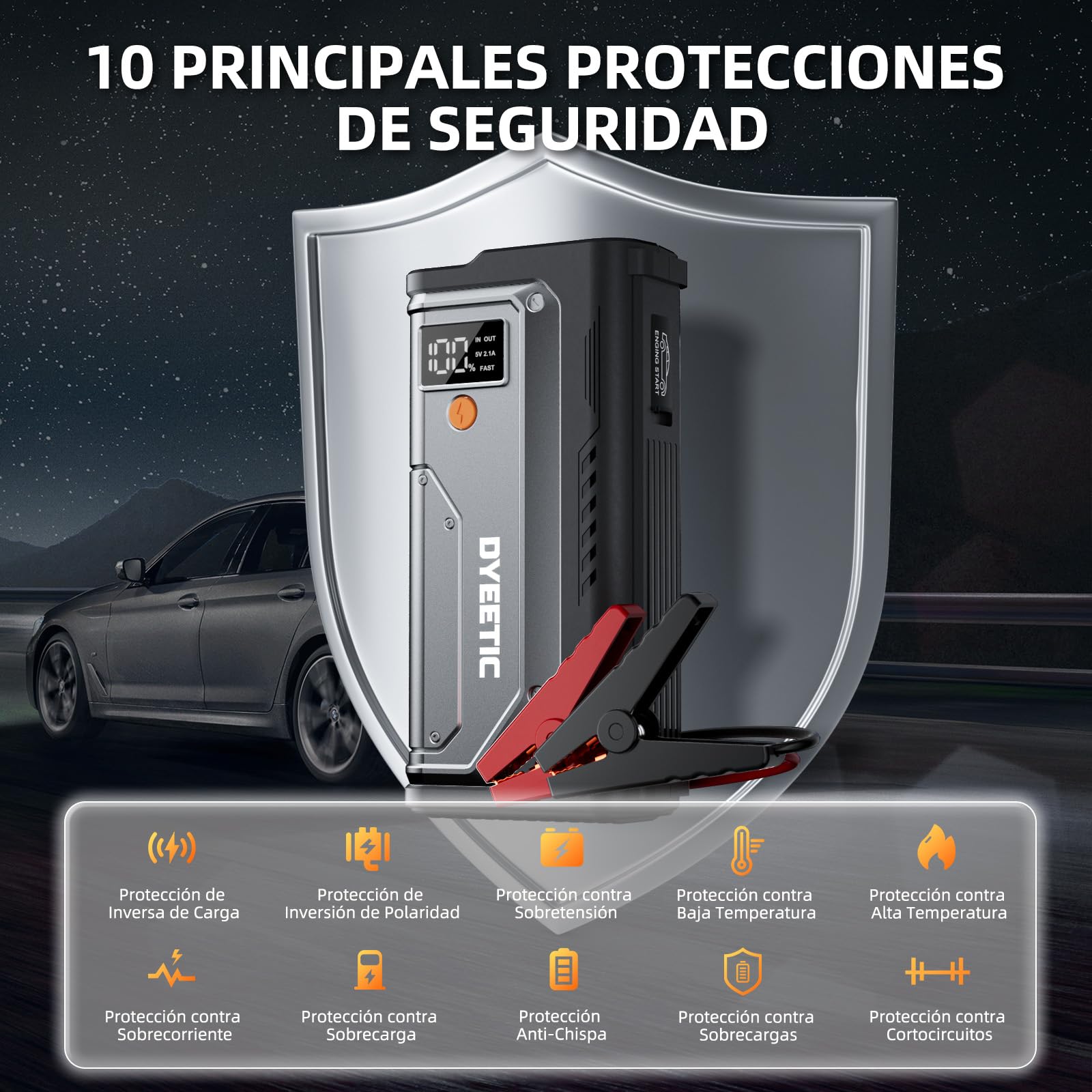 Avviatore Batteria Auto 6000A, Avviatore di Emergenza per 12V Auto/Moto (Tutti Gas o 10L Diesel), Starter Batteria Portatile Booster Avviamento con Torcia a LED, Cavi di Avviamento