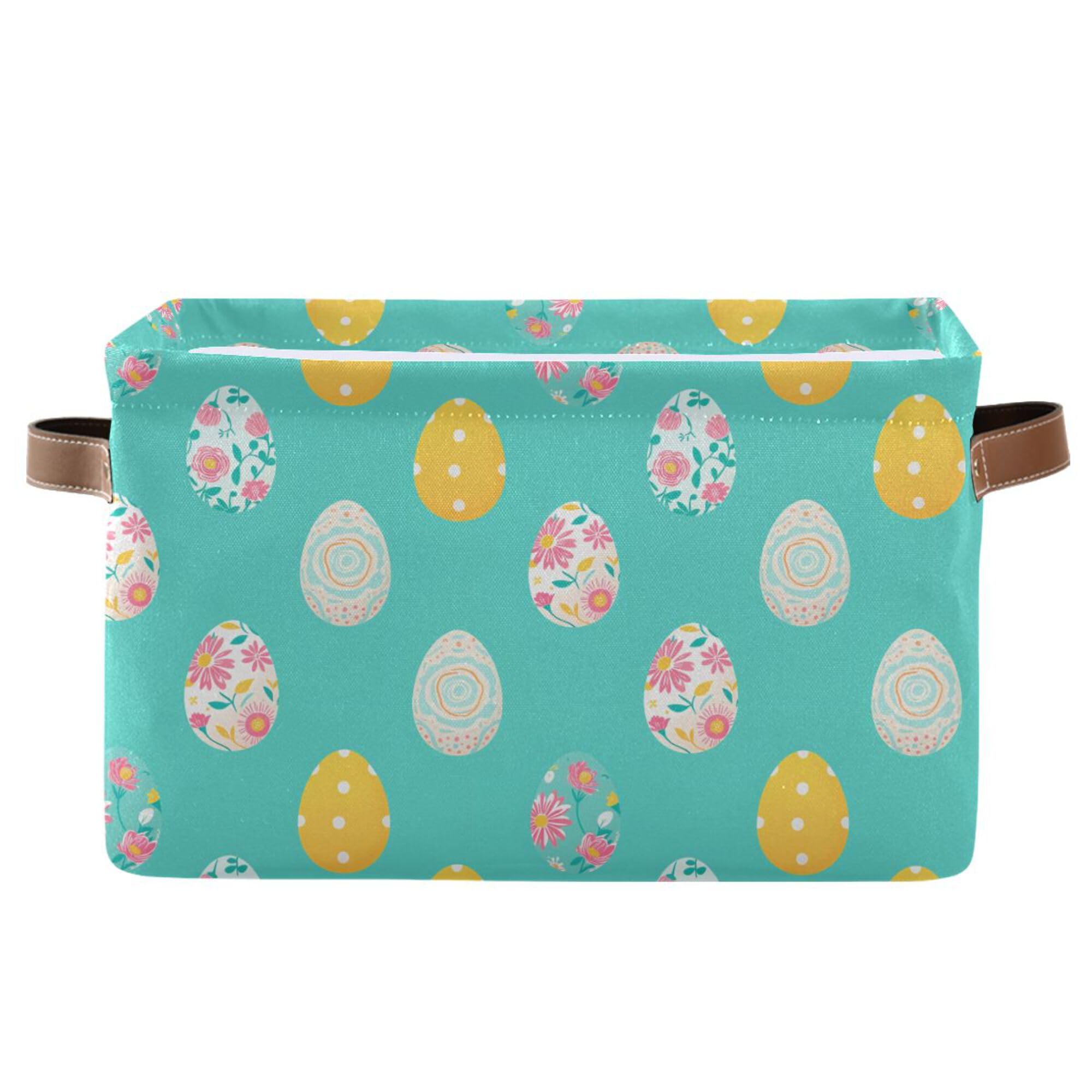 Wamika Happy Easter Day Eggs Storage Basket Fabric Laundry Baskets Easter Rabbit Bunny Spring Storage Boxes Organizer Bag for Baby Cloth Dog Toy Book Storage Cubes Shelf Closet Bins 16×12×8 Inches