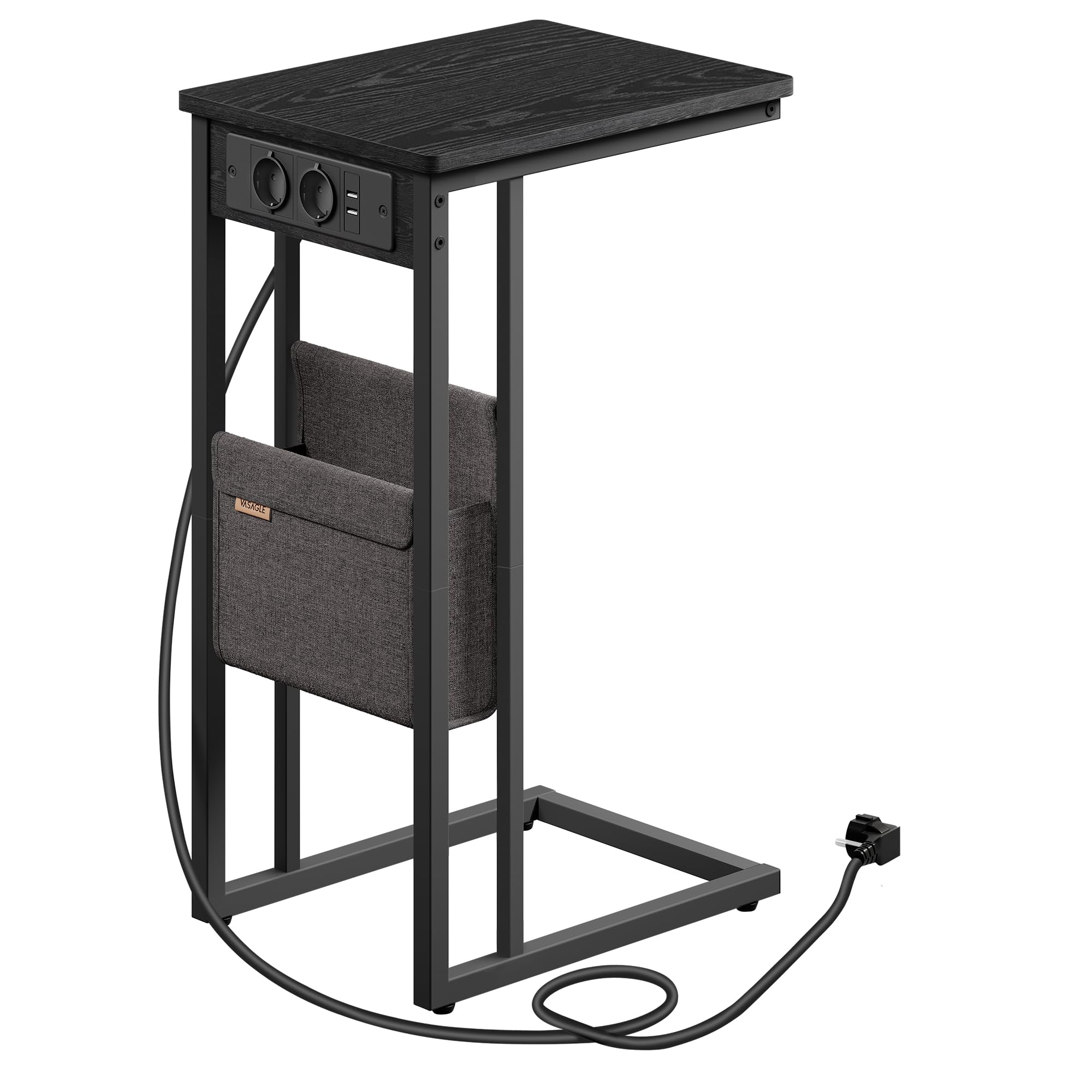 VASAGLE LET356B02V1 - Mesa Auxiliar con múltiples enchufes, Punta de sofá en Forma de C, para Espacios pequeños, 2 Puertos USB y enchufes, Bolsa, Patas Ajustables, para Dormitorio, Sala de Estar