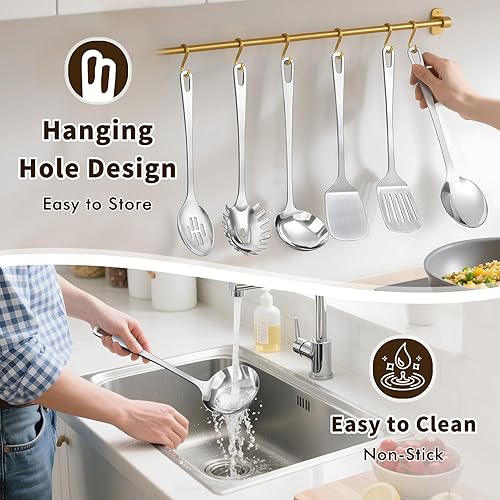 Miniatura 5 de Juego de 9 utensilios de cocina de acero inoxidable, herramientas de cocina de metal resistentes al calor, incluye espátula Wok sólida y ranurada,