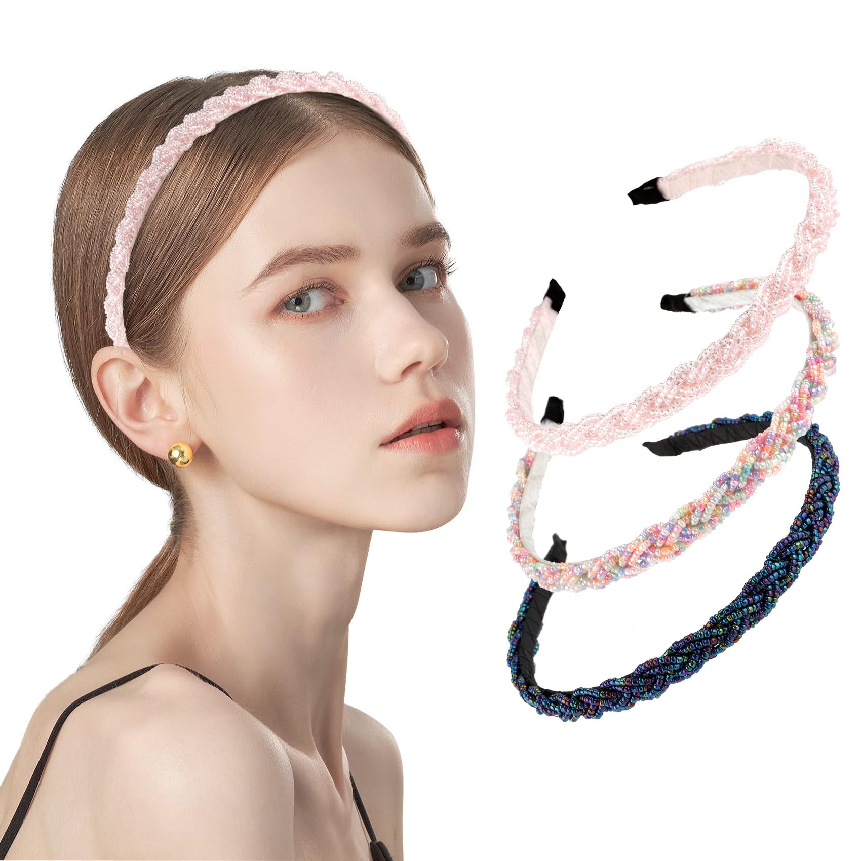 HQIOA3PCS Beaded Headbands for Women Head Bands for Women's Hair Headbands for Girls Hair Accessories for Womens Teen Girl Gifts Headbands Fashion Mixed Color Light Pink Blue and Purple Beaded Hair Hoops