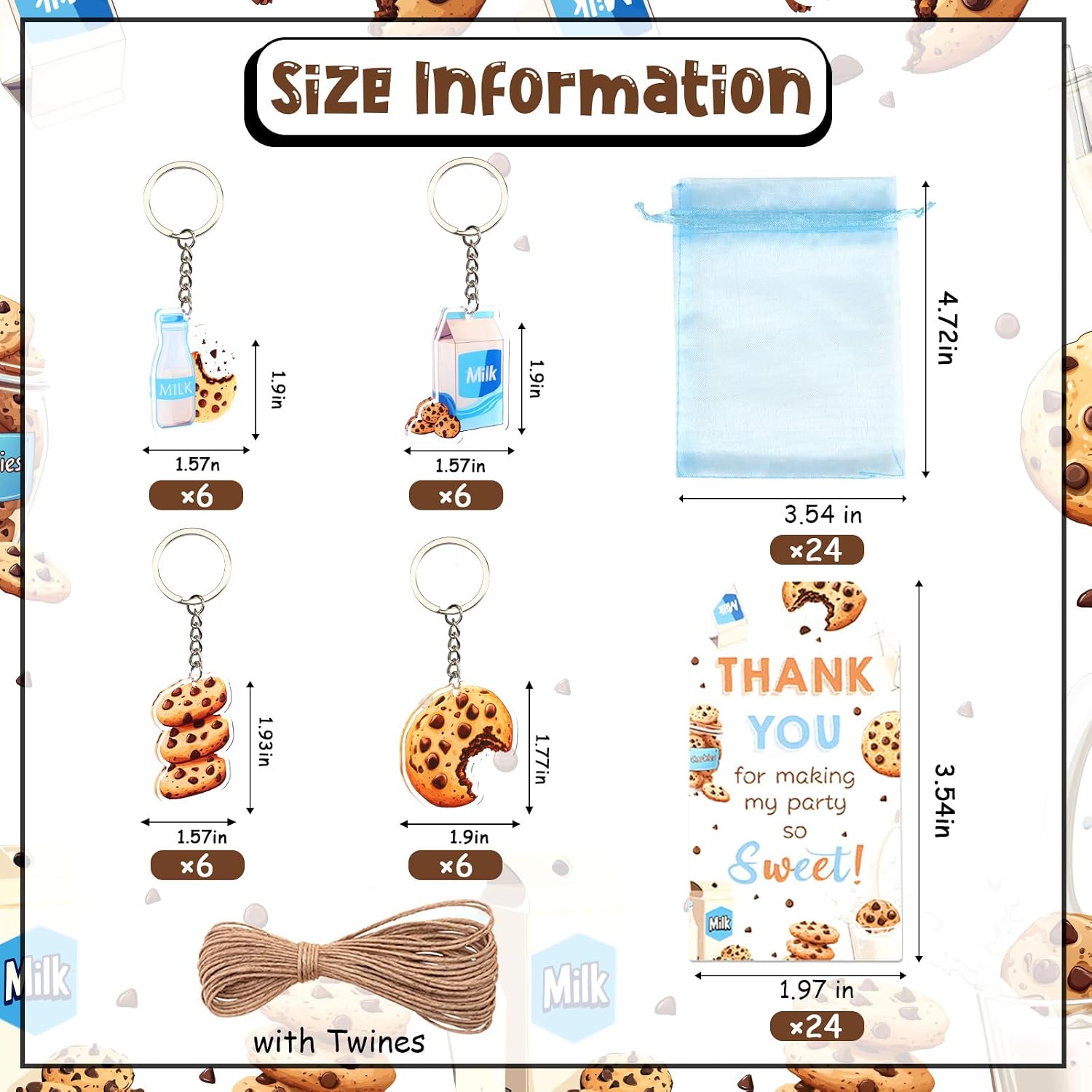 Serencatcher Milk and Cookie Party Favors - 24 Sets Cookie Theme Keychains(4 Designs), Thank You for Making My Party So Sweet Tags Organza Bags with String for Birthday Baby Shower Decorations Gifts