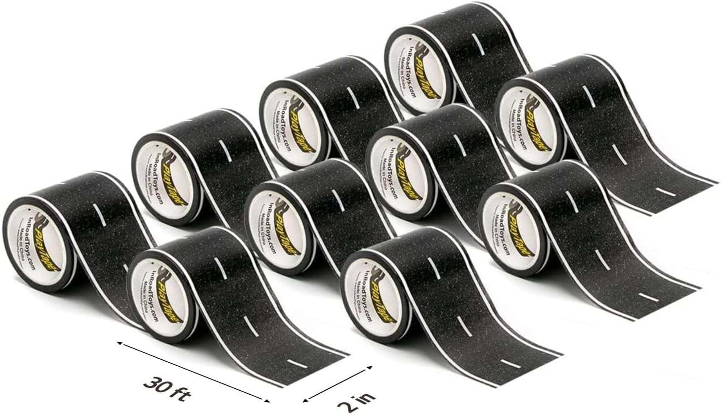 PlayTape Road Tape for Toy Cars - No Residue, Great Travel Toy; 10-Pack of 30 ft. x 2 in. Asphalt Road