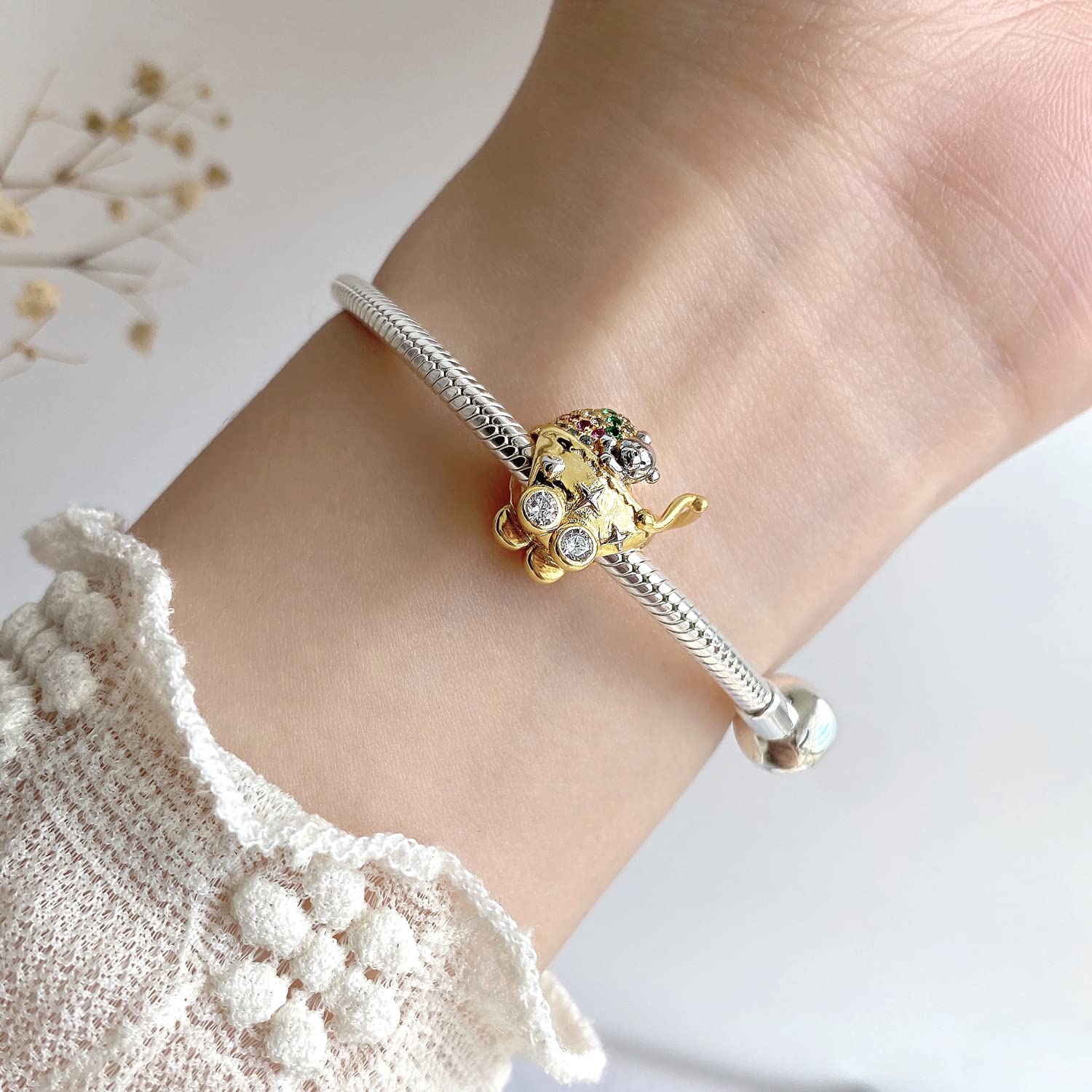 Charm Nascita Gravidanza Carrozzina dorata Mamma Passeggino Orsetto Bambino in argento 925 - Les Folies per Pandora