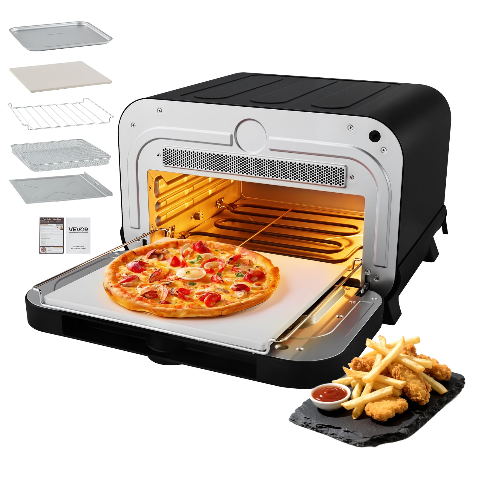 VEVOR Pizza Oven, 8 Presets Electric Pizza Ovens Air Fry Combo, 12-Inch Indoor Pizza Maker Smart Knob Control, 750°F Max Temp, IPX4 Waterproof Countertop Pizza Cooker w/Pizza Stone,Fry Basket